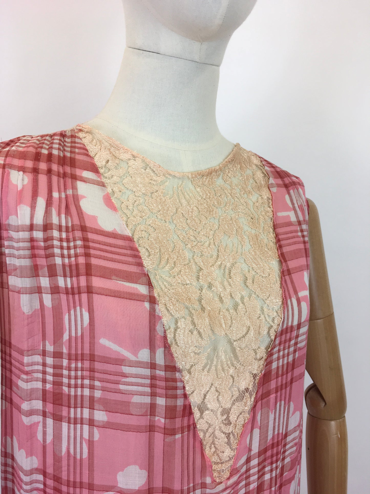 Original 1920's Darling Cotton Lawn Day Dress - In A Rose Pink Floral and Plaid Cloth