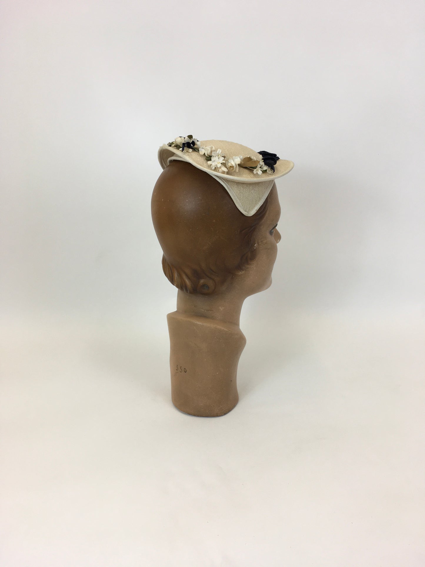 Original 1950’s Darling Natural Straw Headpiece - With Millinery Flora and Navy Velvet Bows