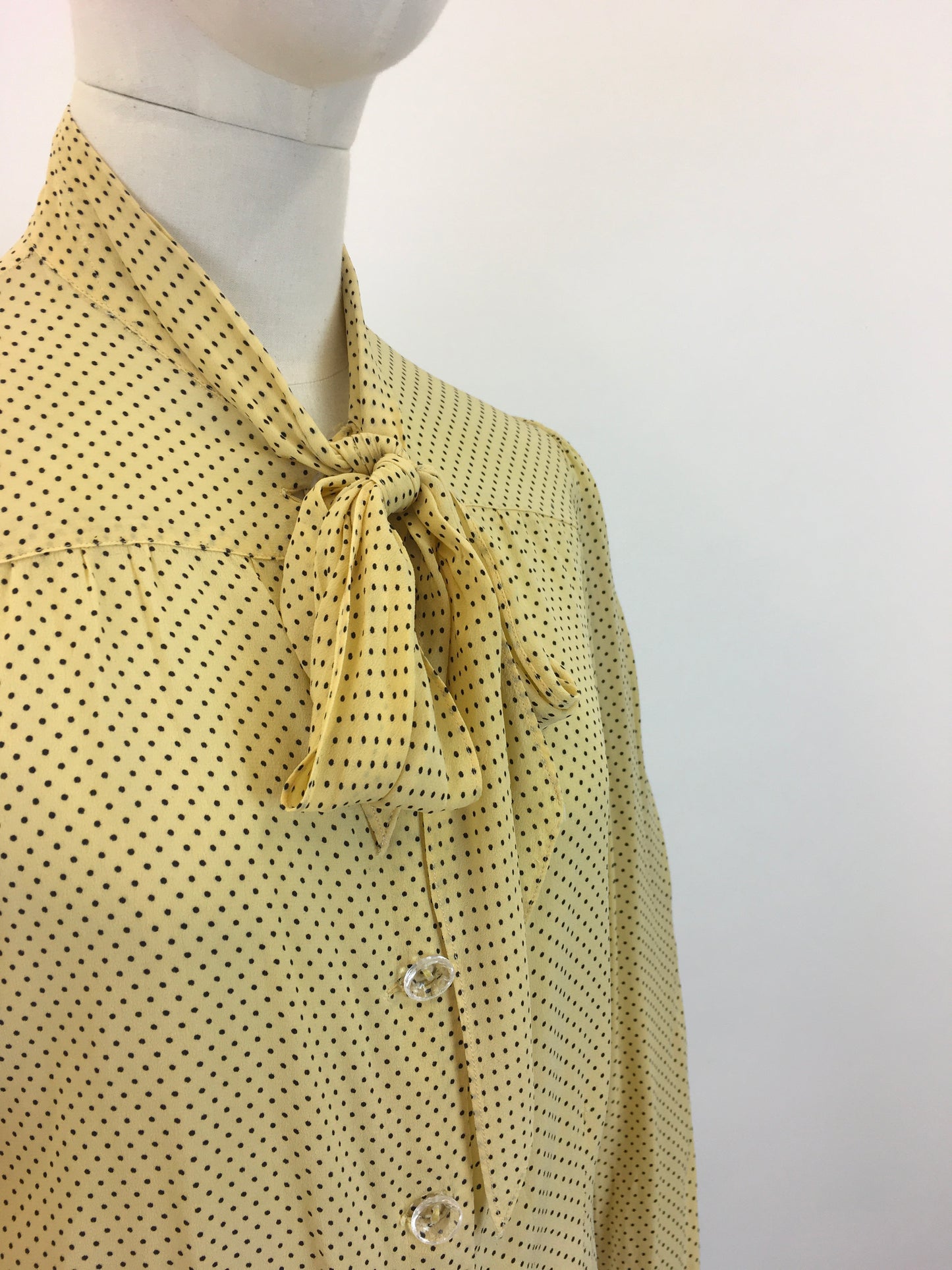 Original 1940's Darling Pussy Bow Blouse - In A Delightful Yellow Polka Dot Crepe