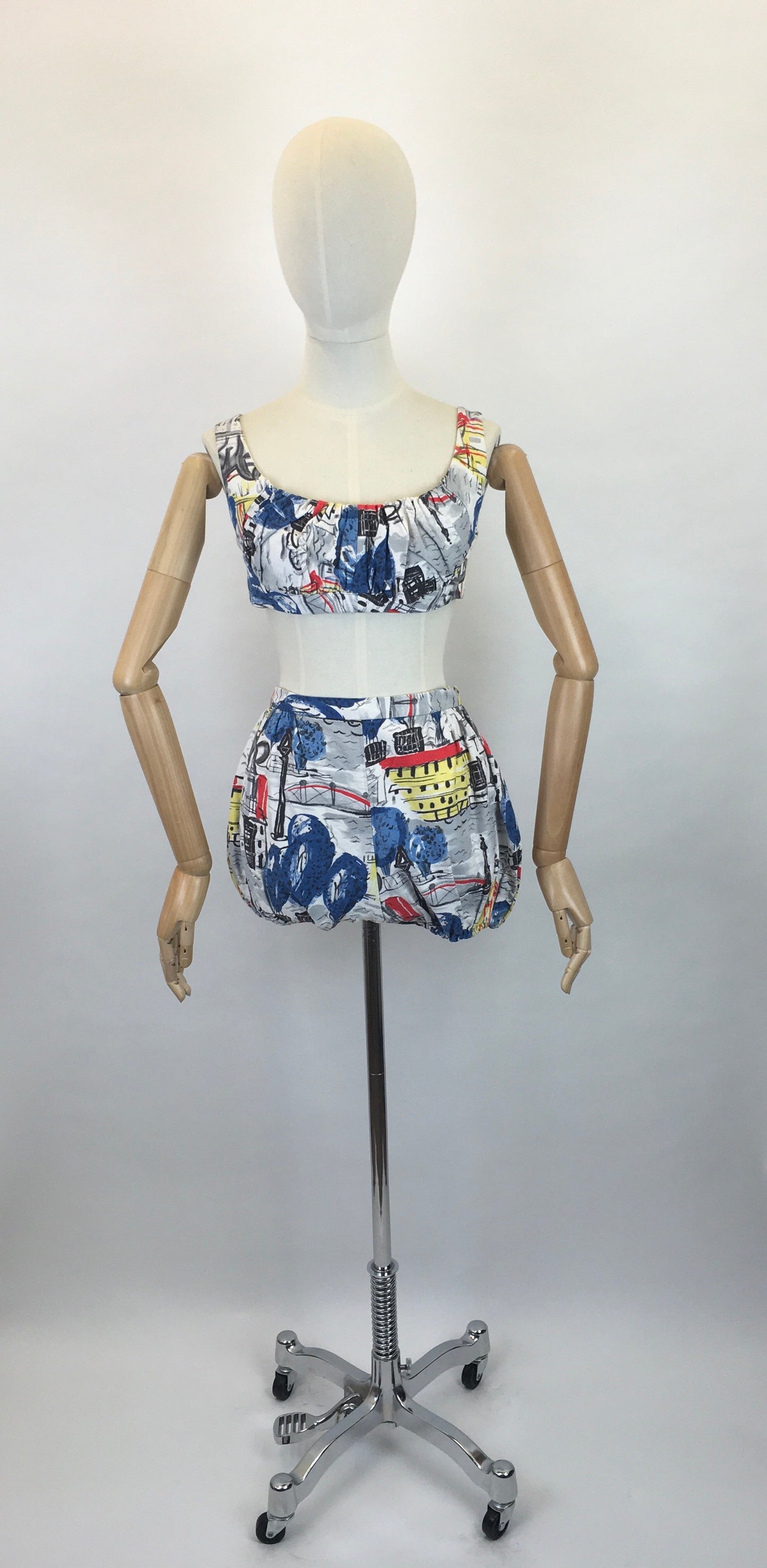 Original 1950s 4 pc Sun Set In Novelty Print Barkcloth - Sun Top, Blouse, Bloomer Shorts and Skirt