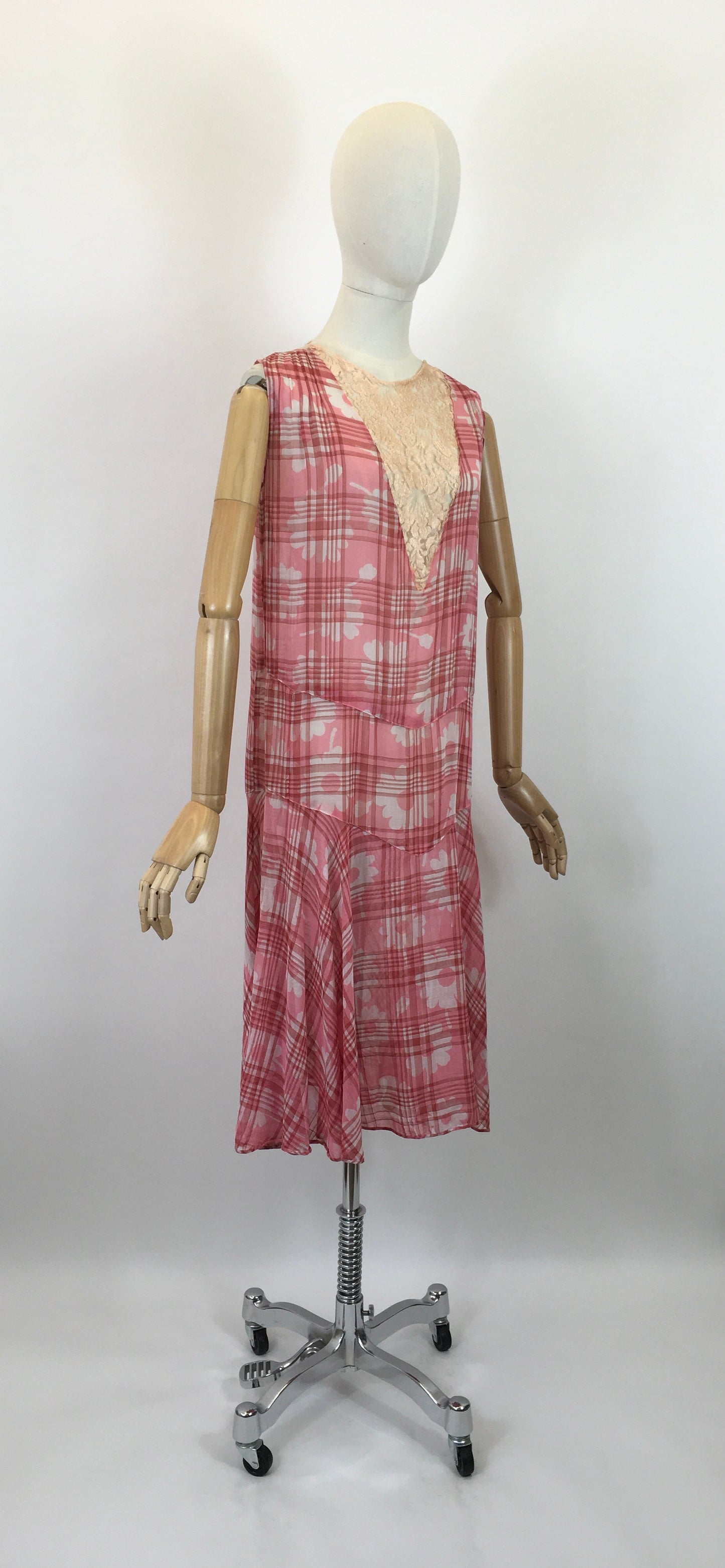Original 1920's Darling Cotton Lawn Day Dress - In A Rose Pink Floral and Plaid Cloth