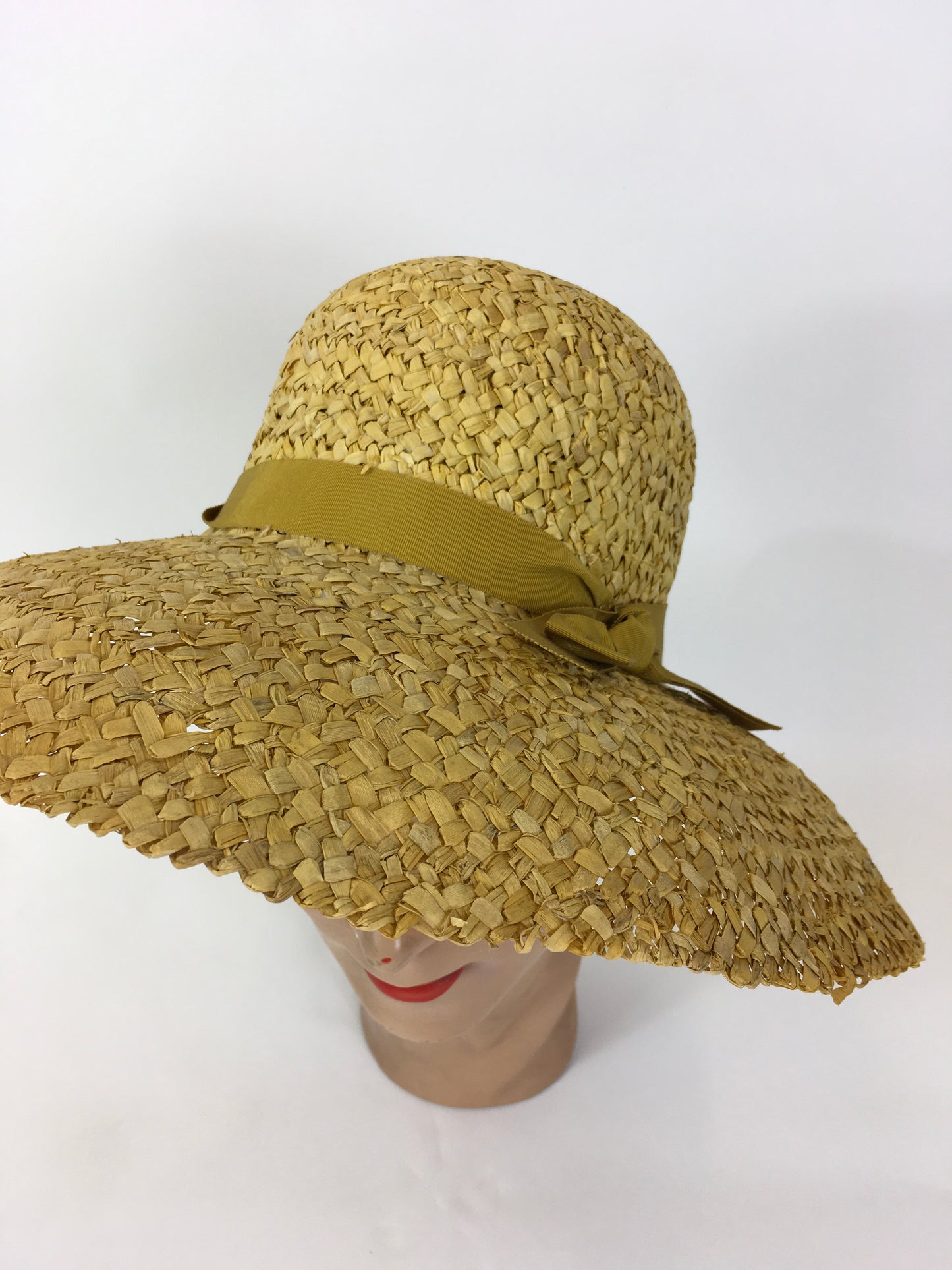 Original Early 1930’s Sensational Raffia Straw Hat - In Sunshine Yellow With Ribbon Trimming