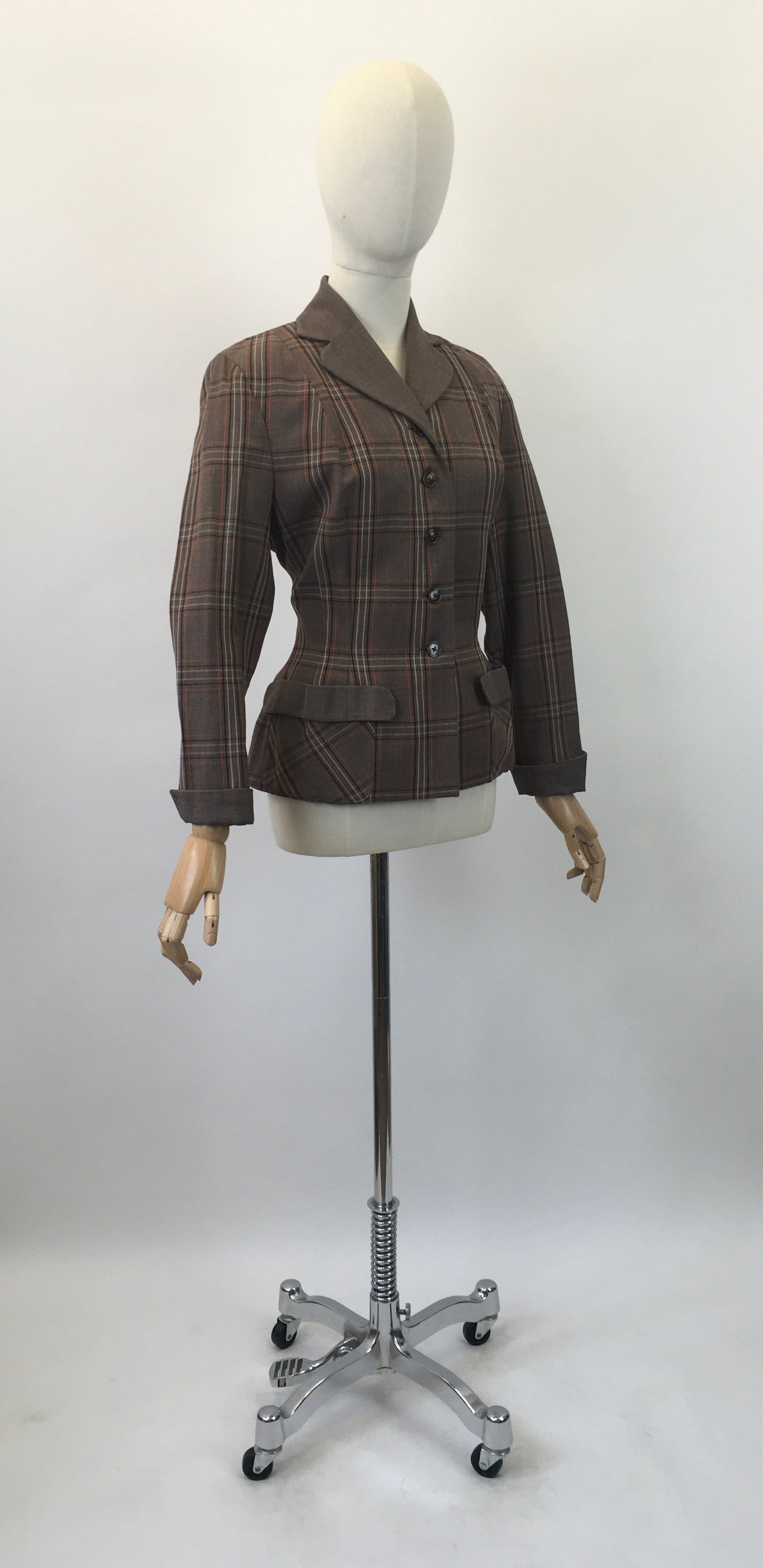 Original 1940's Gorgeous Plaid Jacket - In Brown, Zesty Orange and Cream