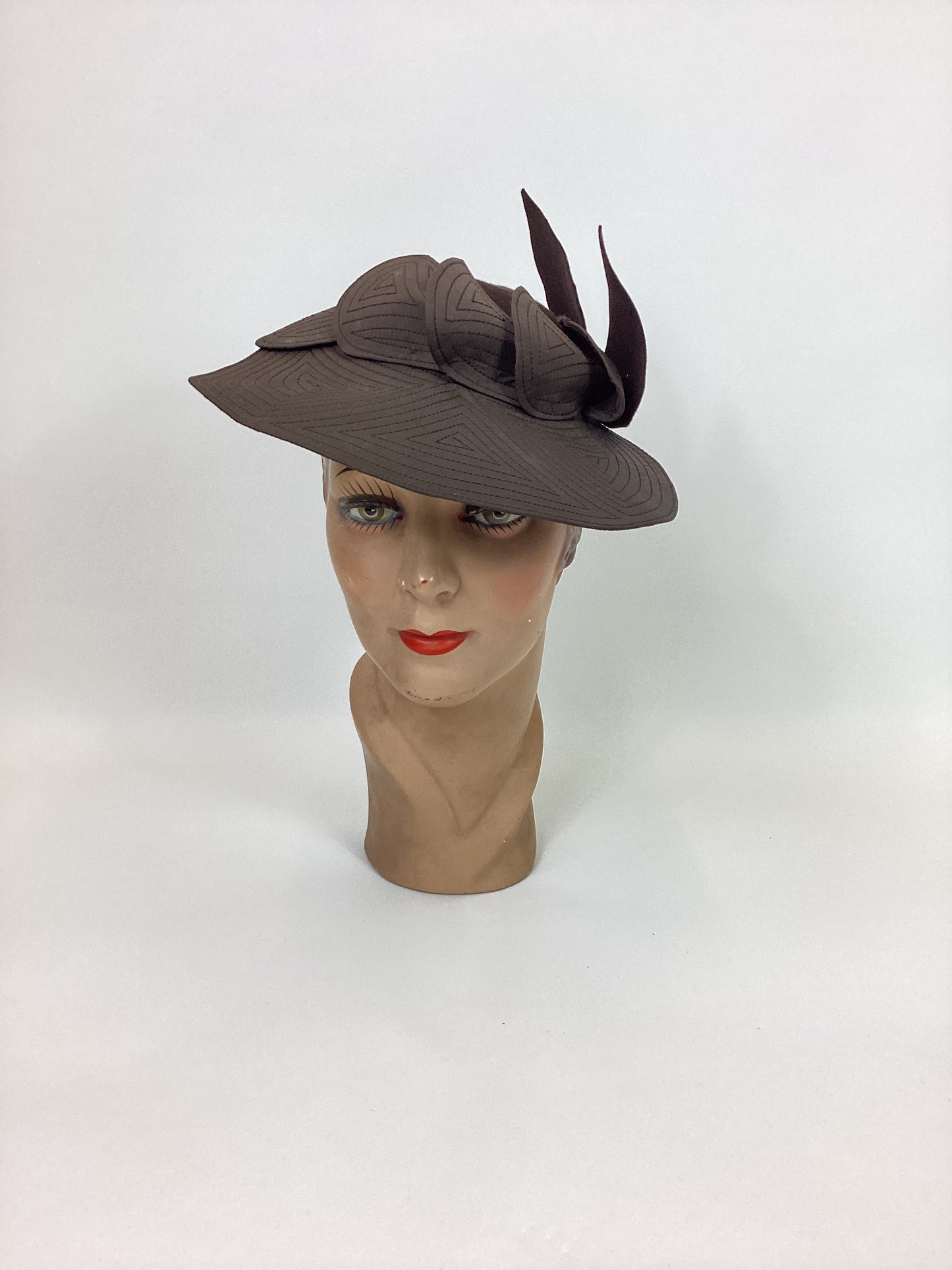 Original 1930’s Sensational Hat in Chocolate Brown - With Deco Stitching