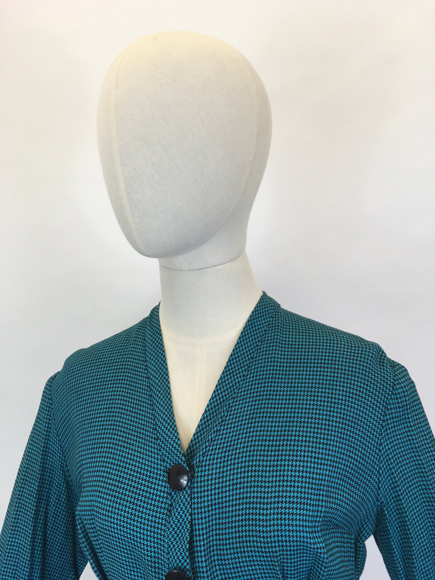 Original Early 1950’s Fabulous Day Dress - In A Lovely Deep Teal Dogtooth Cotton