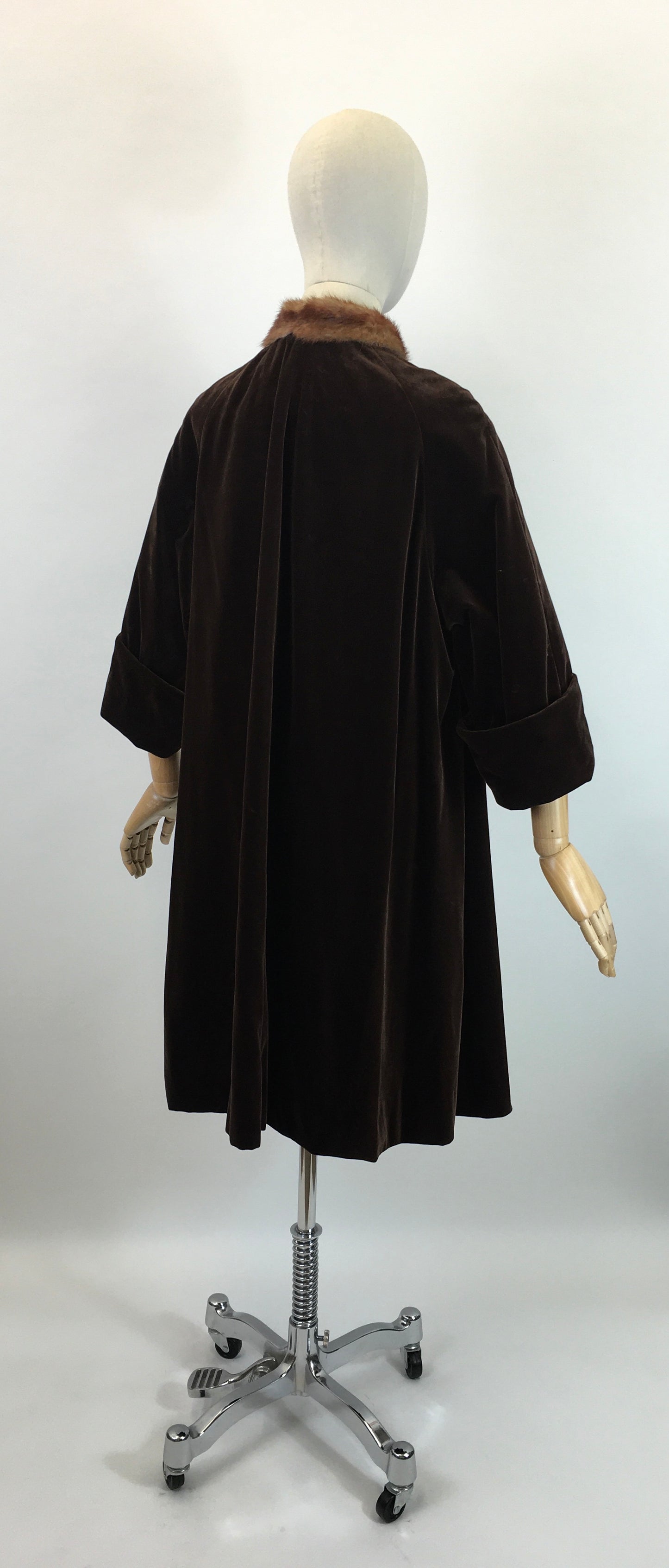 Original 1950's Stunning Velvet Swing Coat - In Chocolate Brown With Fur Trim