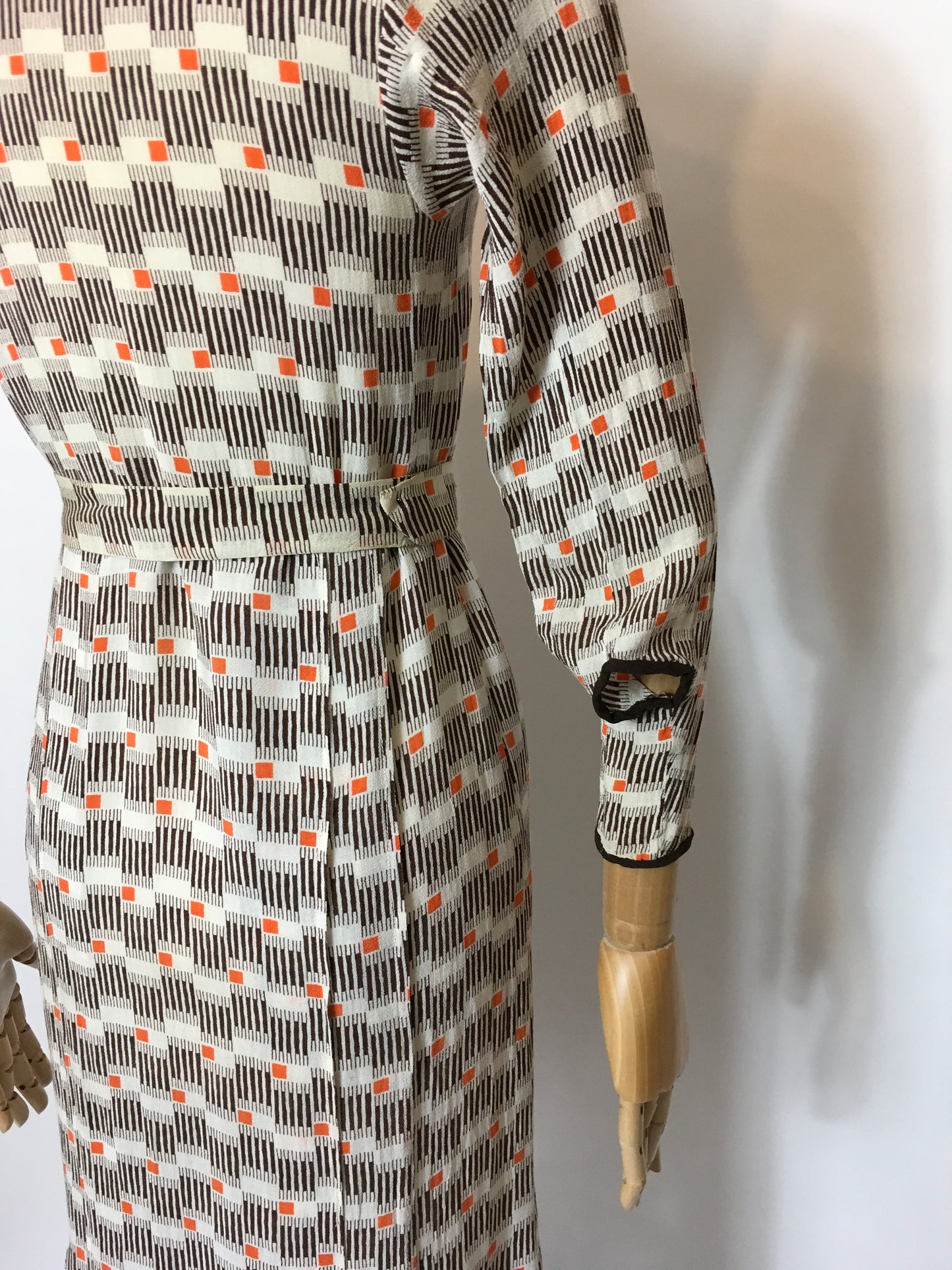 Original 1930’s Day Dress in an Amazing Geometric / Cigarette Print Dress in Browns, old Creams and deco Oranges - Festival Of Vintage Fashion Show Exclusive