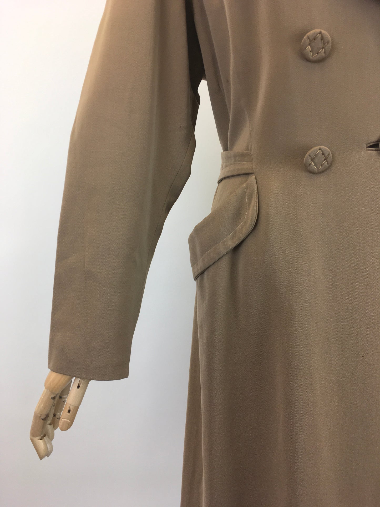 Original 1940's American Warm Taupe Gabardine Coat - With Stunning Pleated Back Detailing