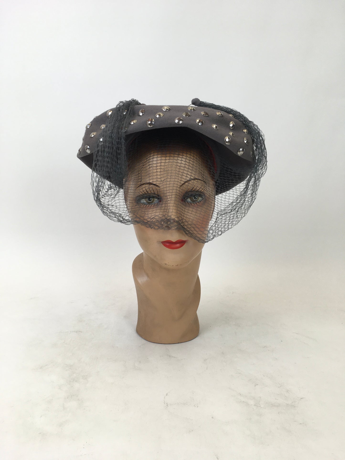 Original 1940's Stunning Studded Hat with Veiling - In A Powdered Grey