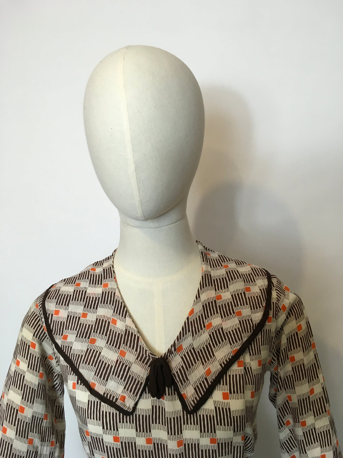 Original 1930’s Day Dress in an Amazing Geometric / Cigarette Print Dress in Browns, old Creams and deco Oranges - Festival Of Vintage Fashion Show Exclusive