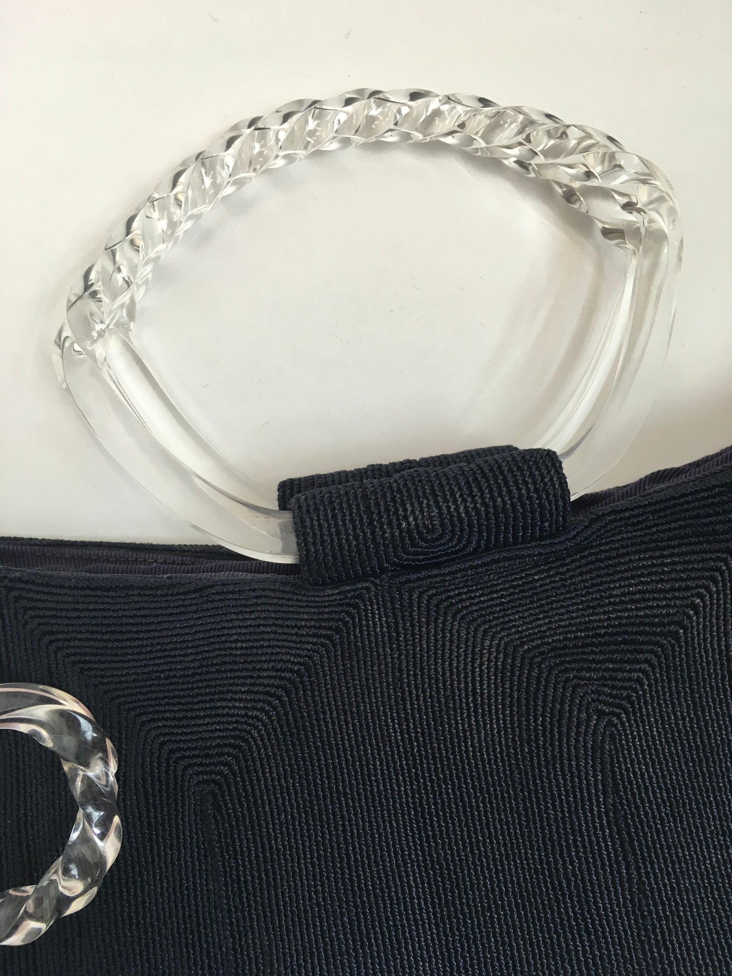 Original 1940’s STUNNING Navy ‘ Corde’ Handbag - With Twisted Lucite Double Handle and Chunky Pull