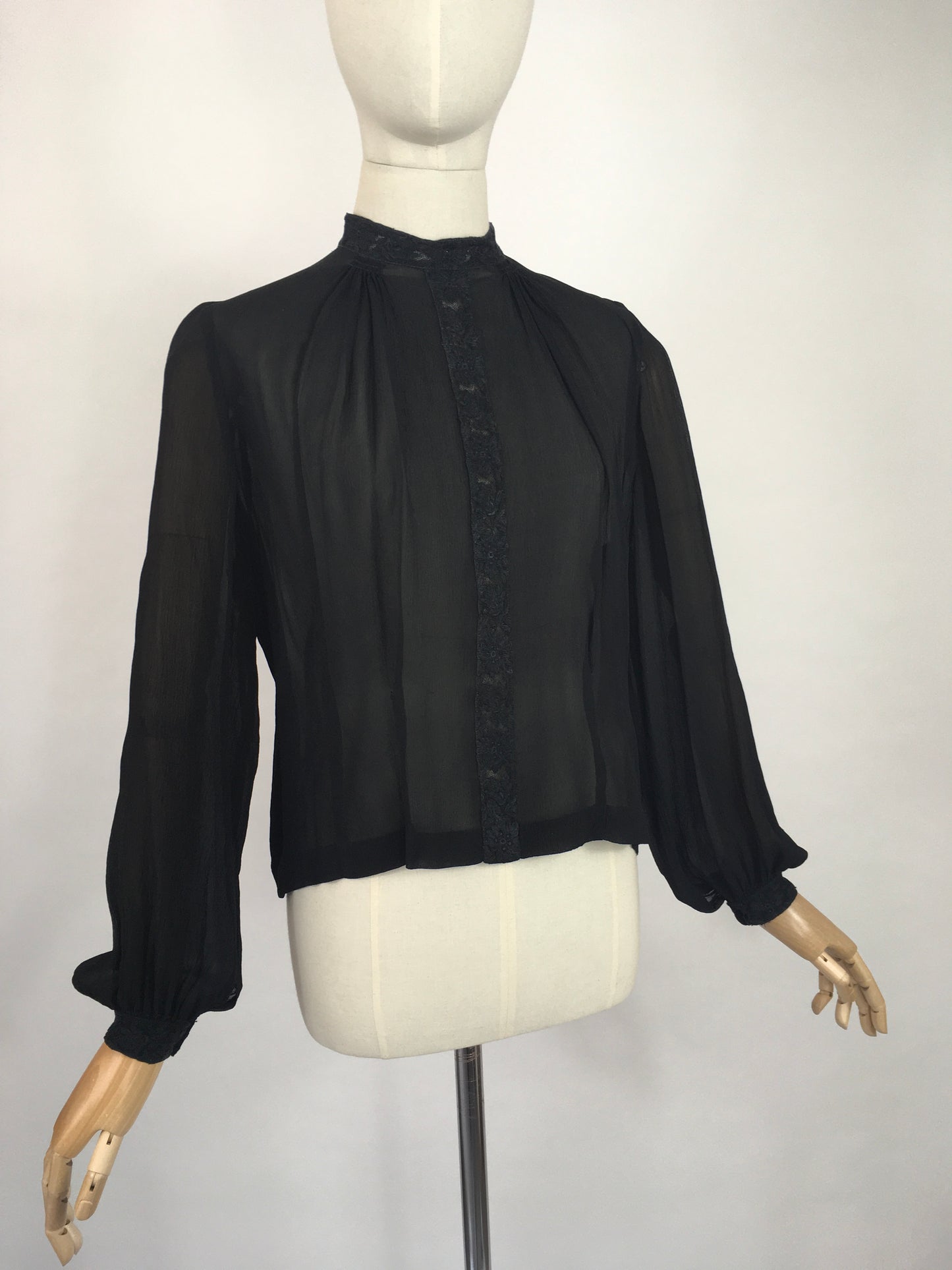 Original 1940’s Darling Sheer Black Blouse - With Beautiful Contrast Lace Detailing