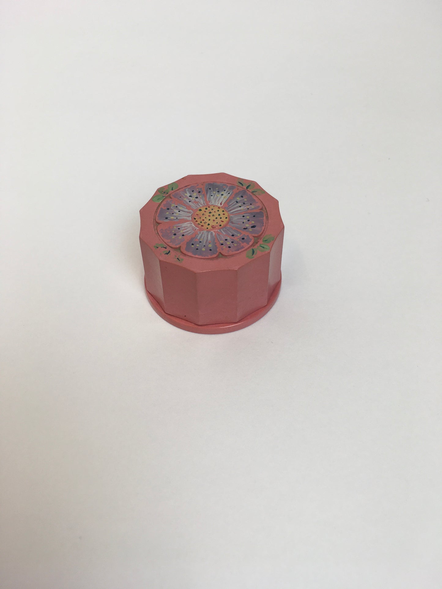 Original 1930s Celluloid Dressing Table Pot - With a Floral Motif In soft Lilac, Muted Yellow and Grassy Greens