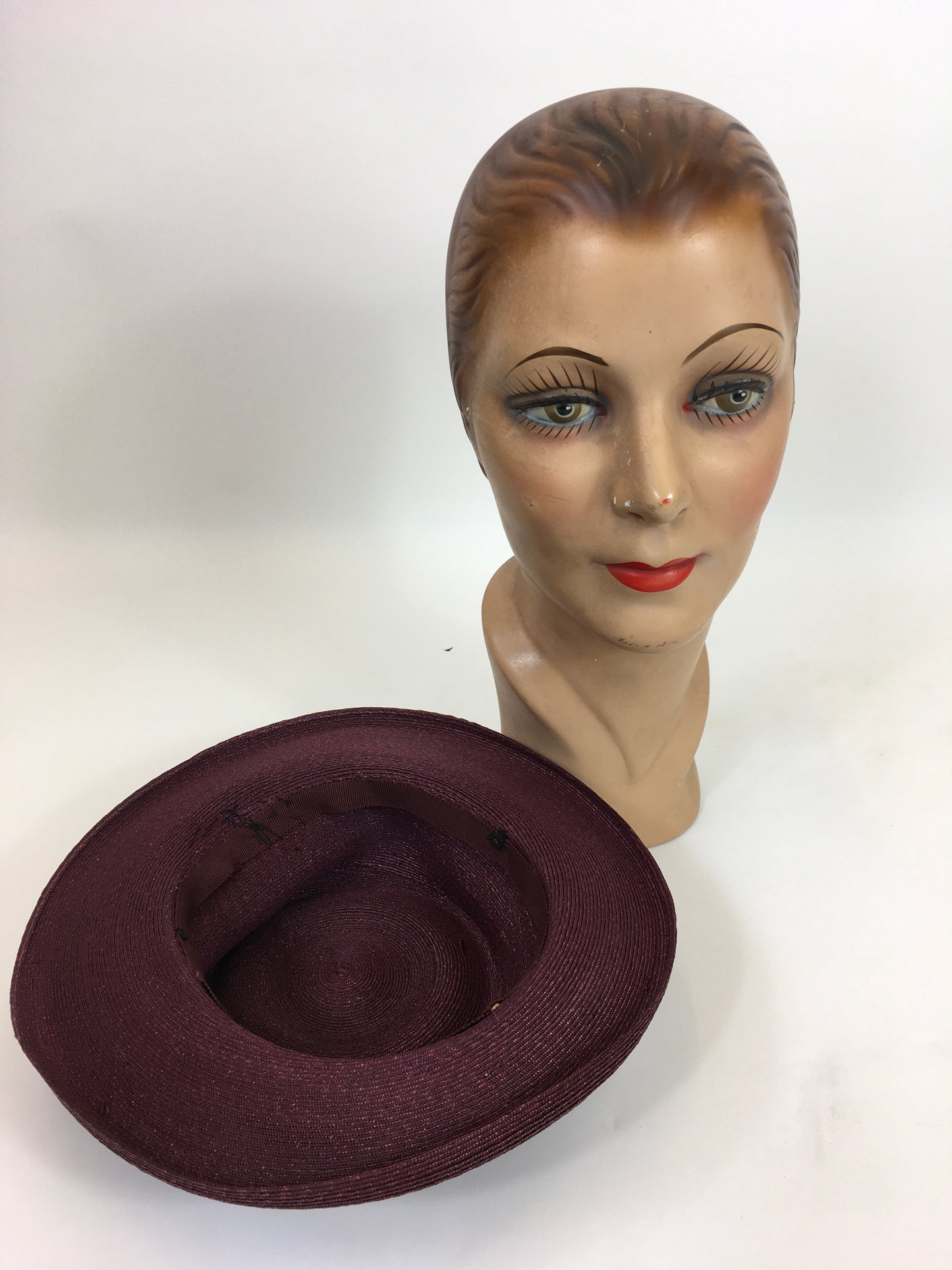 Original 1940’s Sublime Straw Tilt Hat - In A Deep Mulberry With Trim