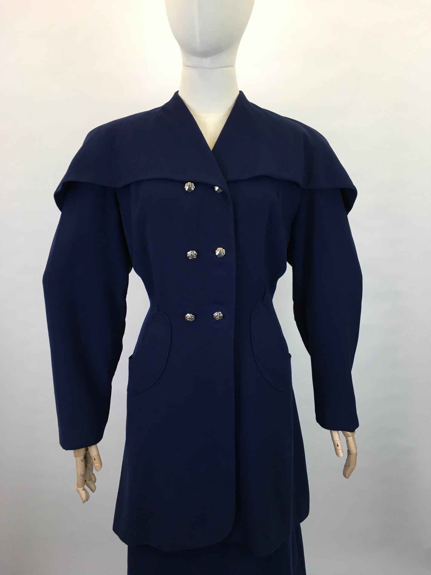 Original 1940s STUNNING Navy 2 pc Suit - With PHENOMENAL Long Line Silhouette and Cape Style Overlay