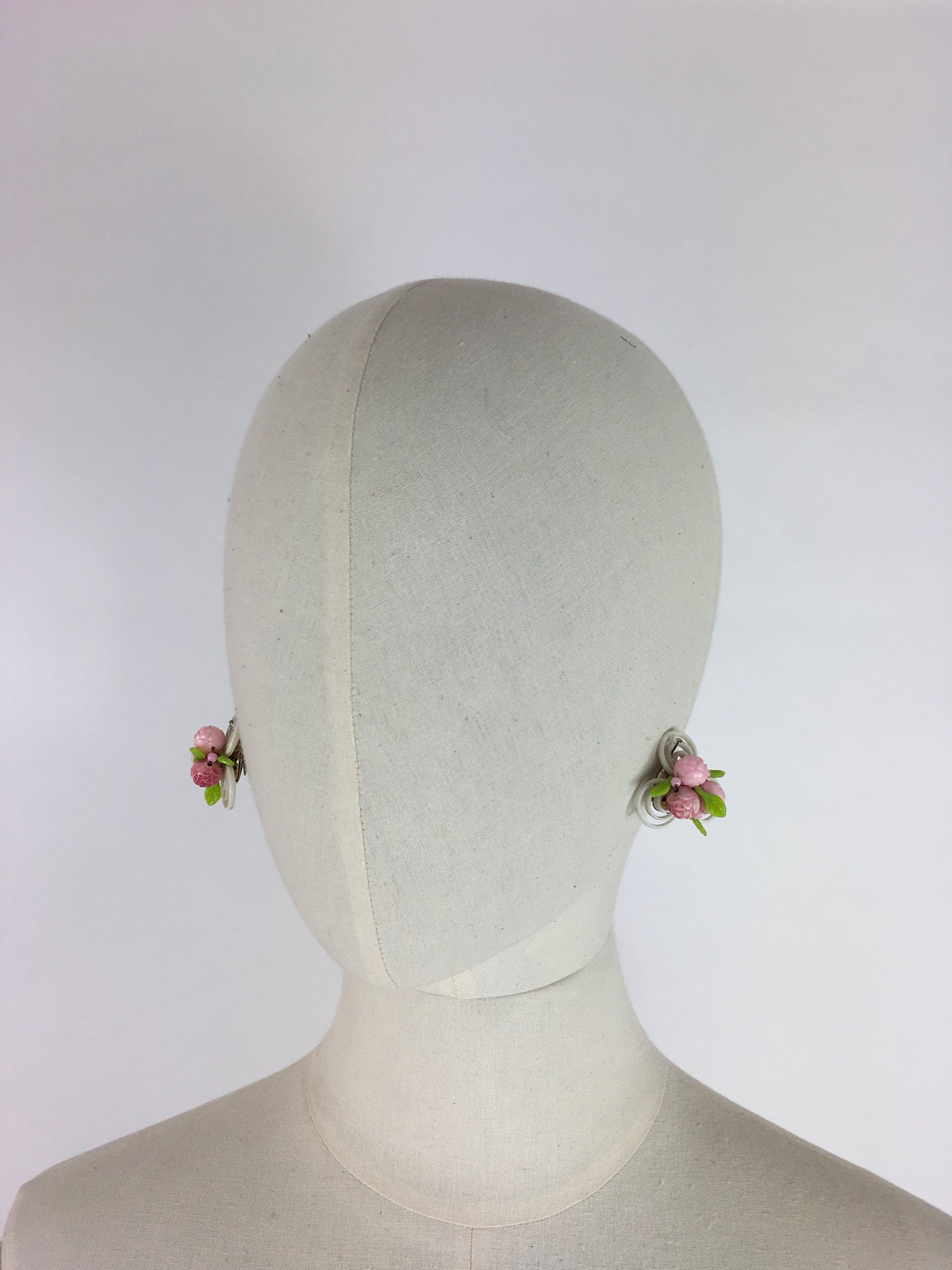 Original 1950s Clip on Earrings - In a Fabulously Fun Petal Design with Rosebuds in Pink, White and Green