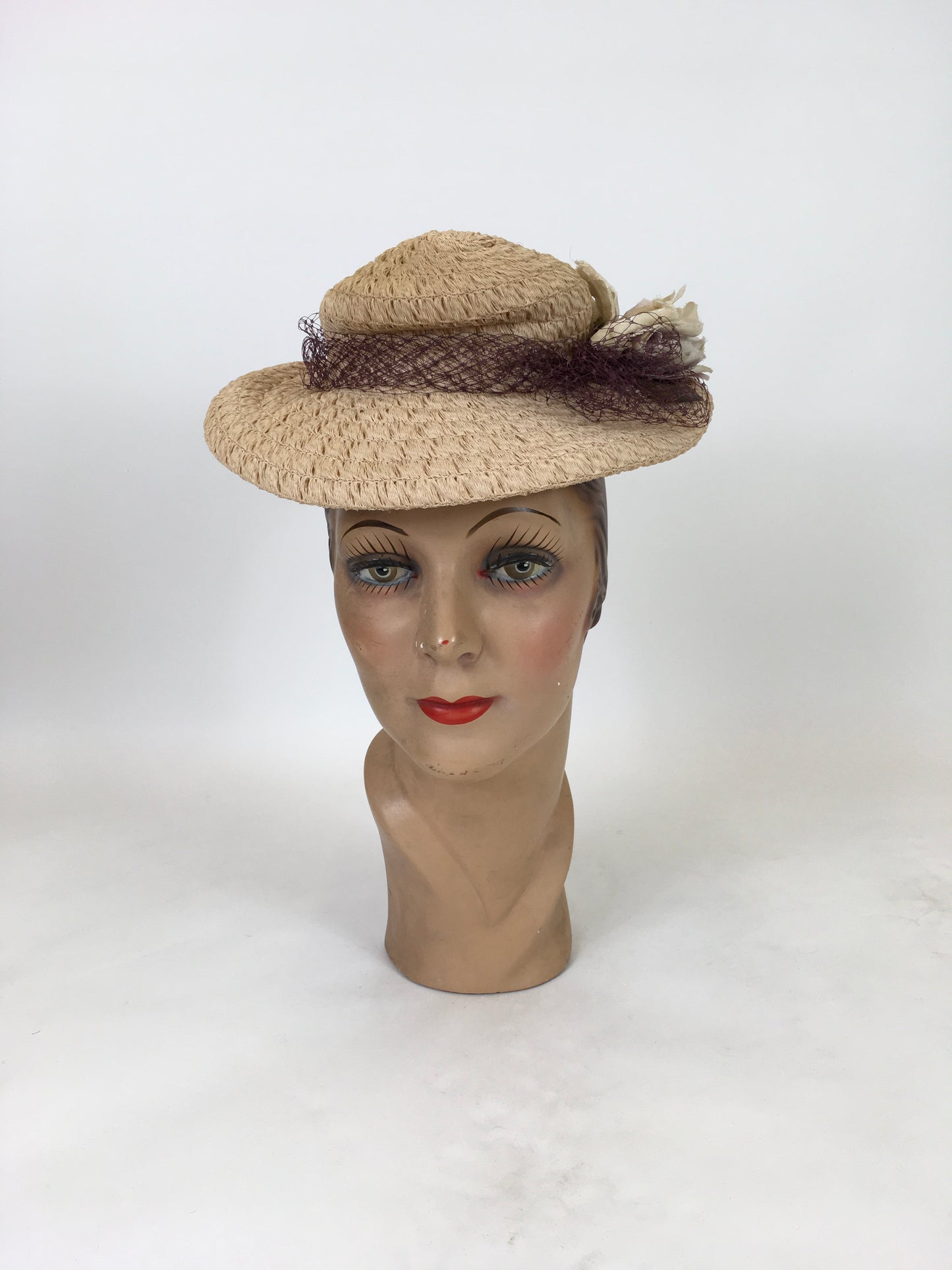 Original Late 1930's Darling Soft Raffia Hat - In A Pale Pink with Velvet Millinery and Deep Lavender Veiling
