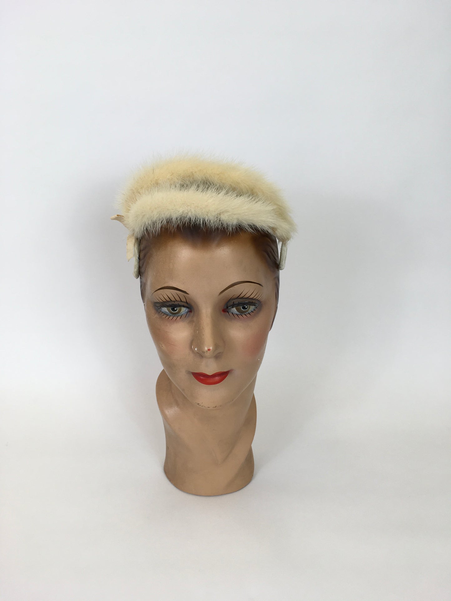 Original 1950’s Stunning Blonde Mink Headpiece - Covered In Cream Velvet