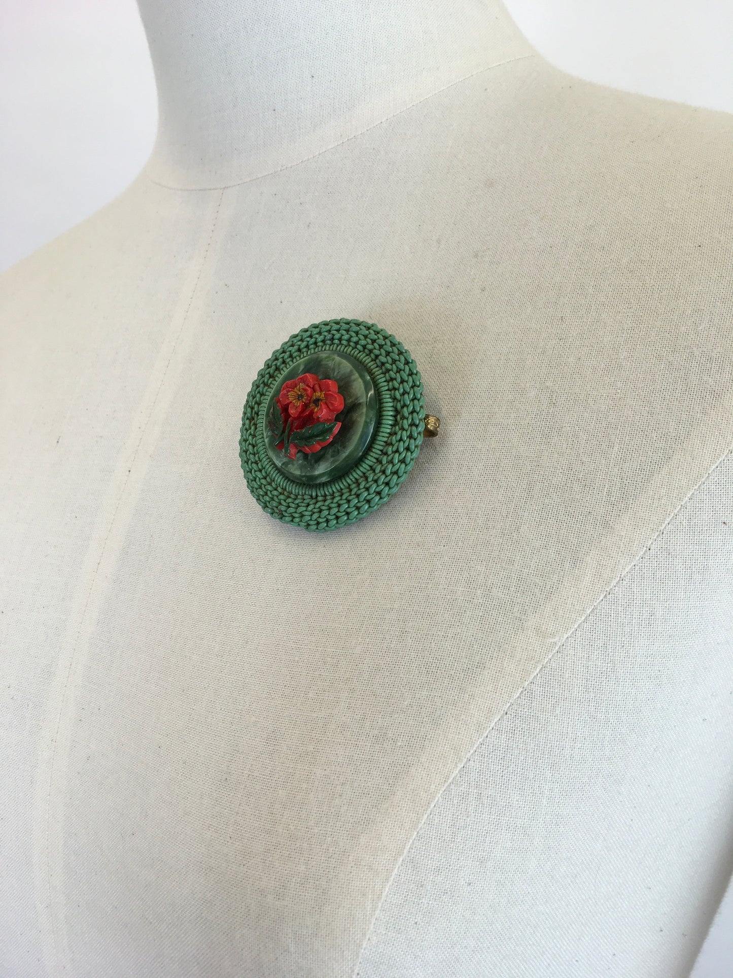 Original 1940’s Make Do and Mend Telephone Wire Brooch - In A Festive Red and Green Colour Pallet