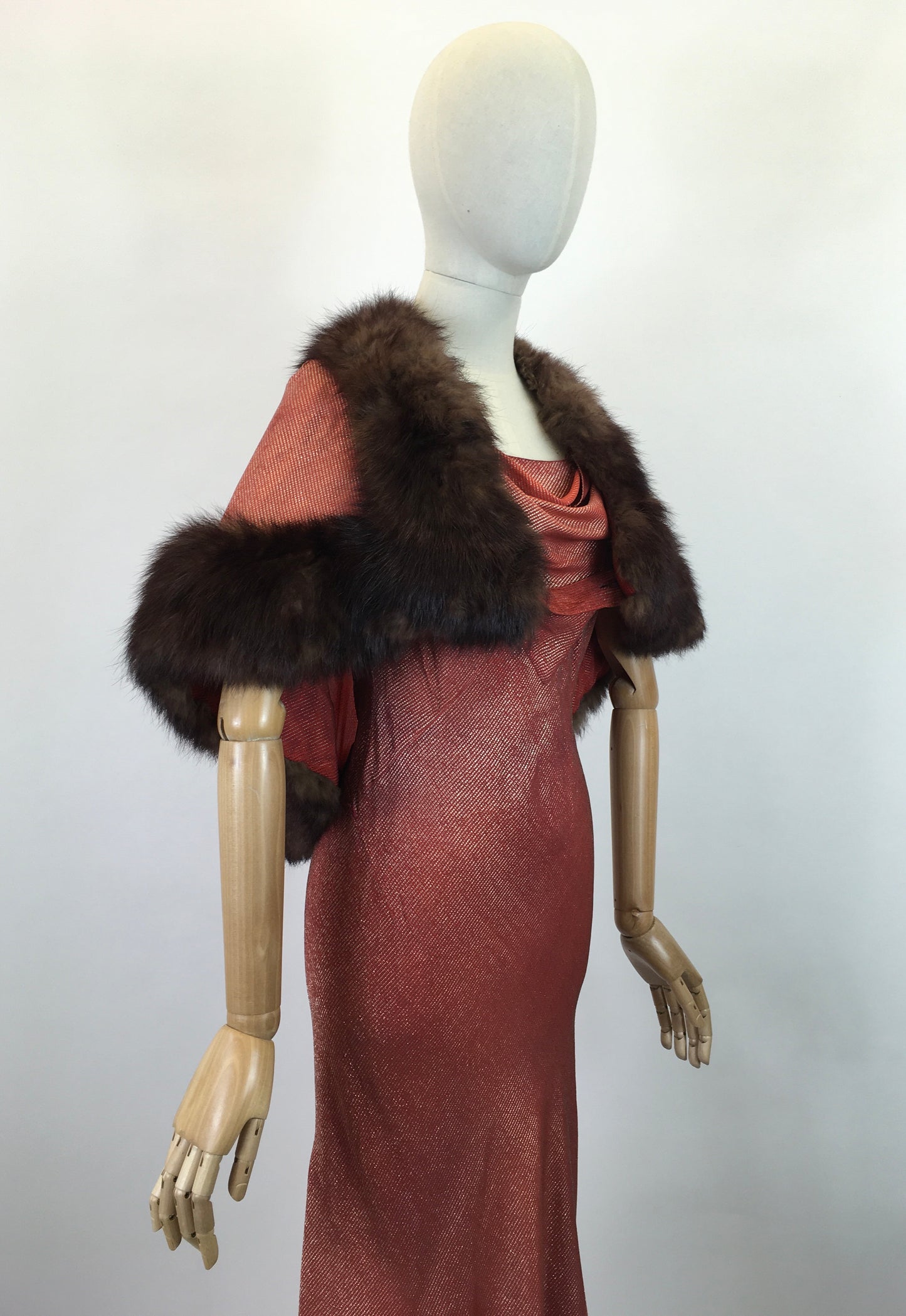 Original SENSATIONAL 1930's Evening Gown with Capelet - In Burnt Orange and Gold Lame with Rabbit Fur Trim
