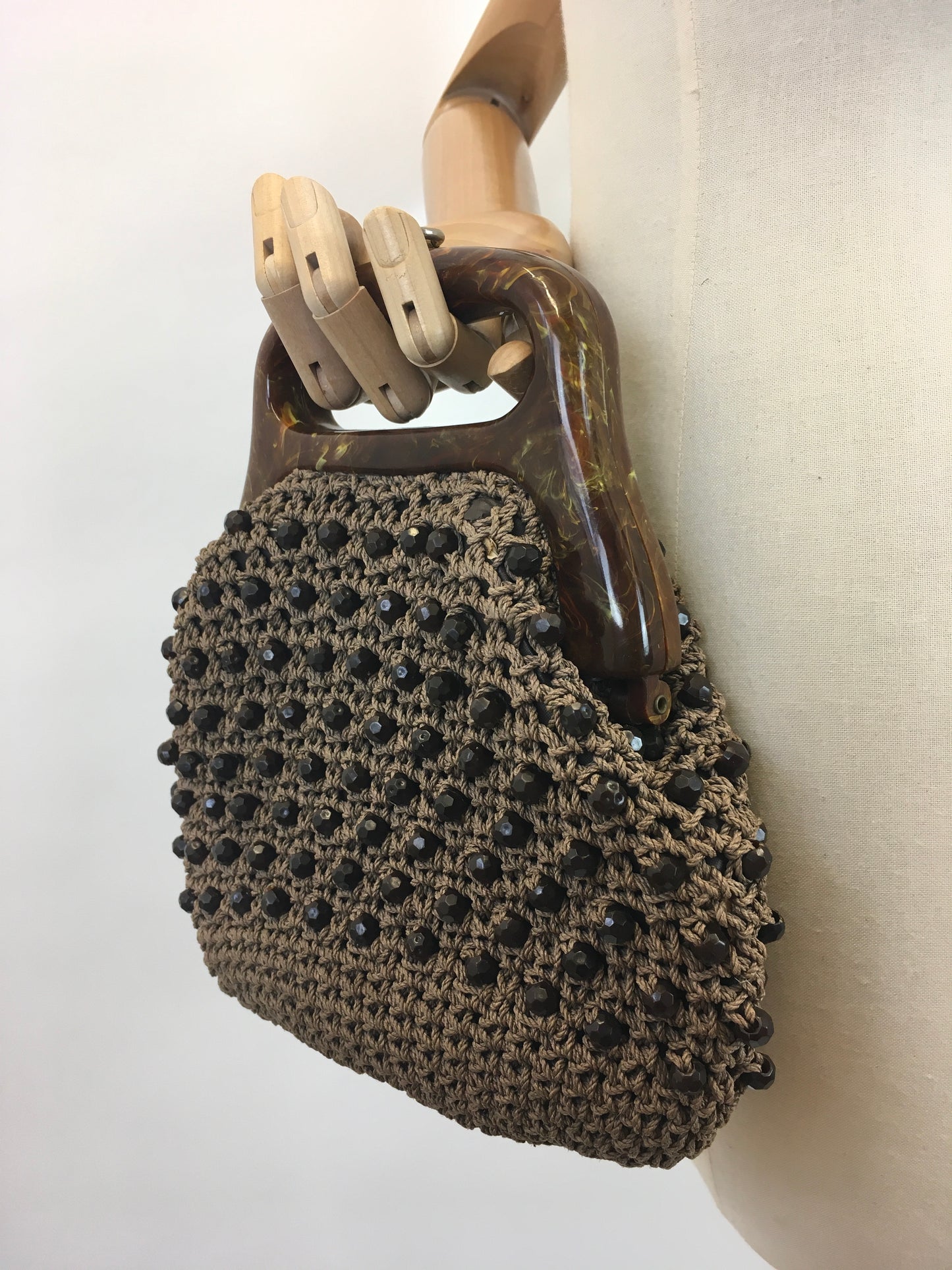 Original 1950's Fabulous Crochet Handbag - With Early Plastic Marbled Handle and Beadwork