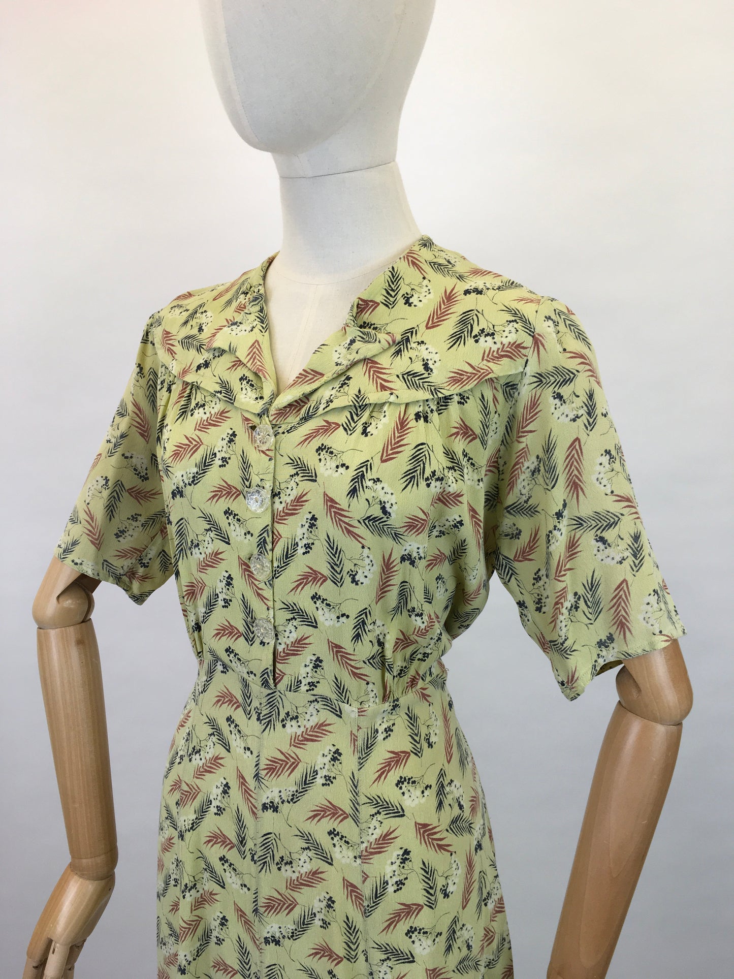 Original 1940s Day Dress - In a Lovely Chartreuse Crepe with Wheat / Leaf Print In Charcoal, Rust and White