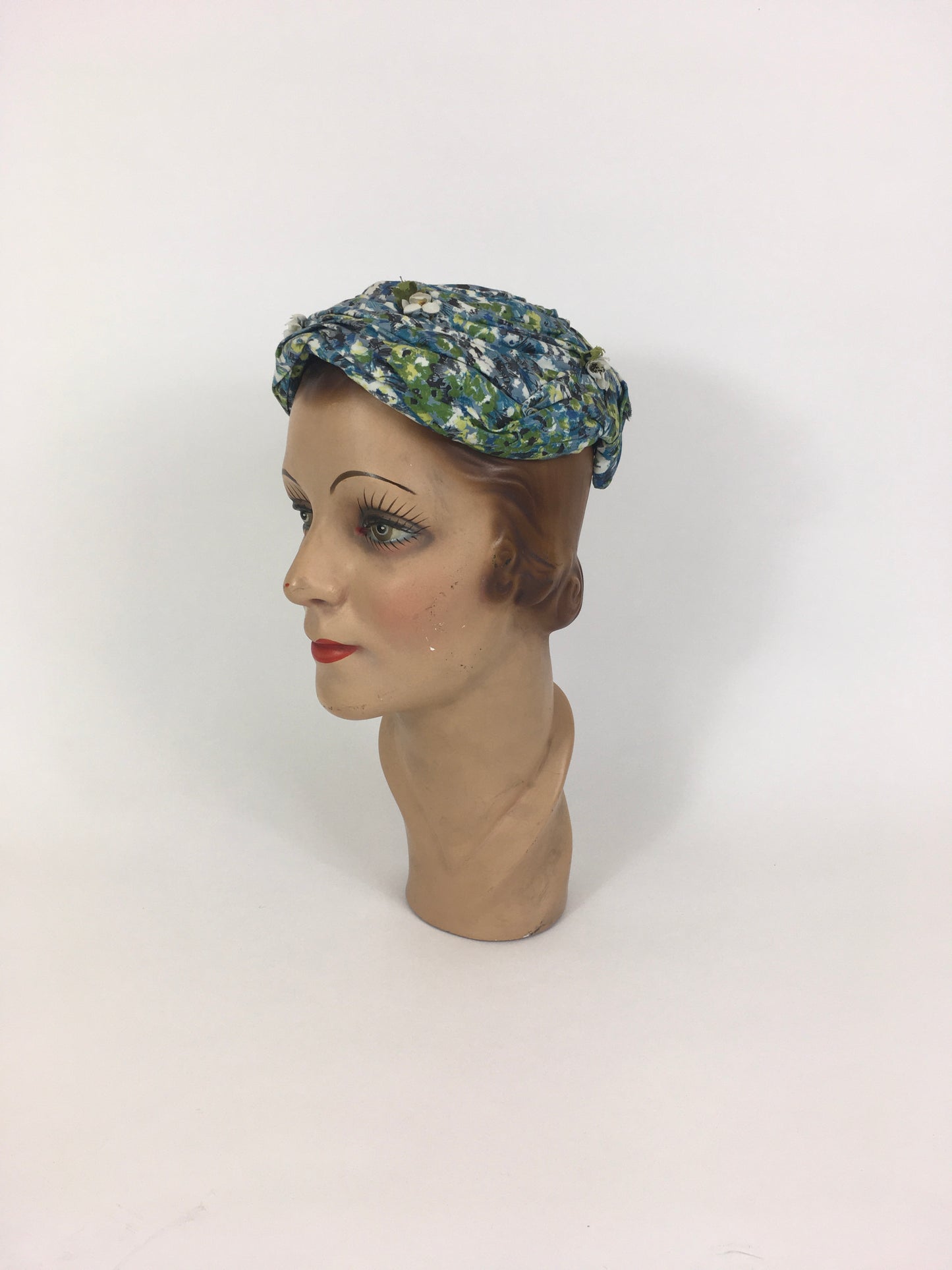 Original 1950’s Darling Floral Headpiece With Flora & Velvet Trim - In Blues, Greens & Ivory