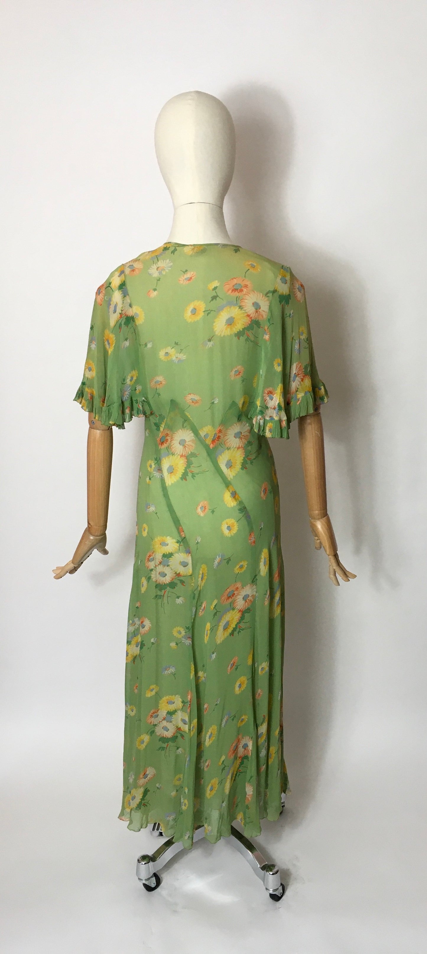 Original 1930’s Bias Cut Gown In An Exquisite Colour Pallet of Deco Green, soft blues, oranges and yellows - A Festival Of Vintage Fashion Show Exclusive
