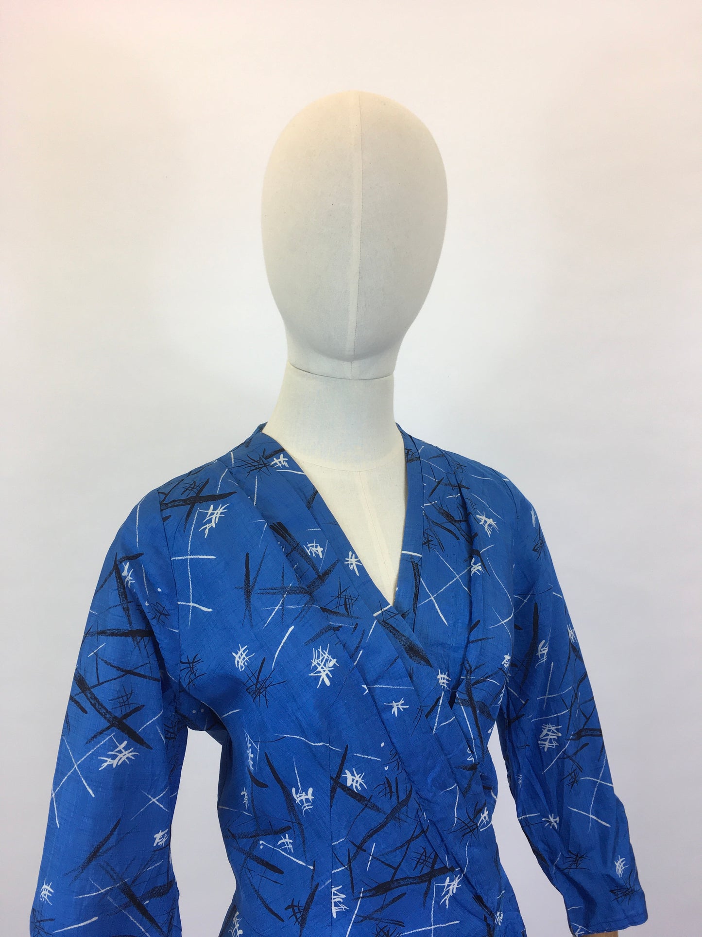 Original 1950’s Fabulous Blue Frock - In An Abstract Print Silk Sateen