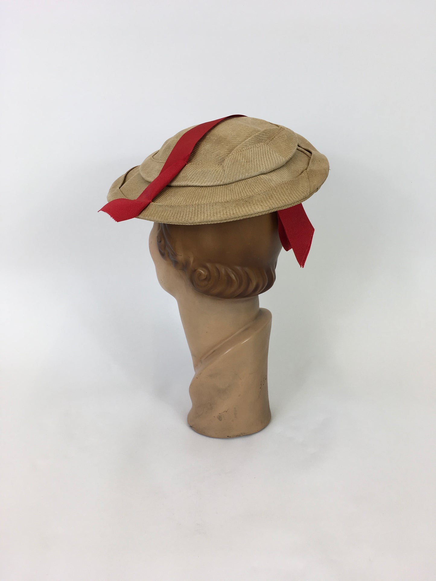 Original 1930's Stunning Natural Straw Cloth Hat - With Zesty Orange Grosgrain Trim