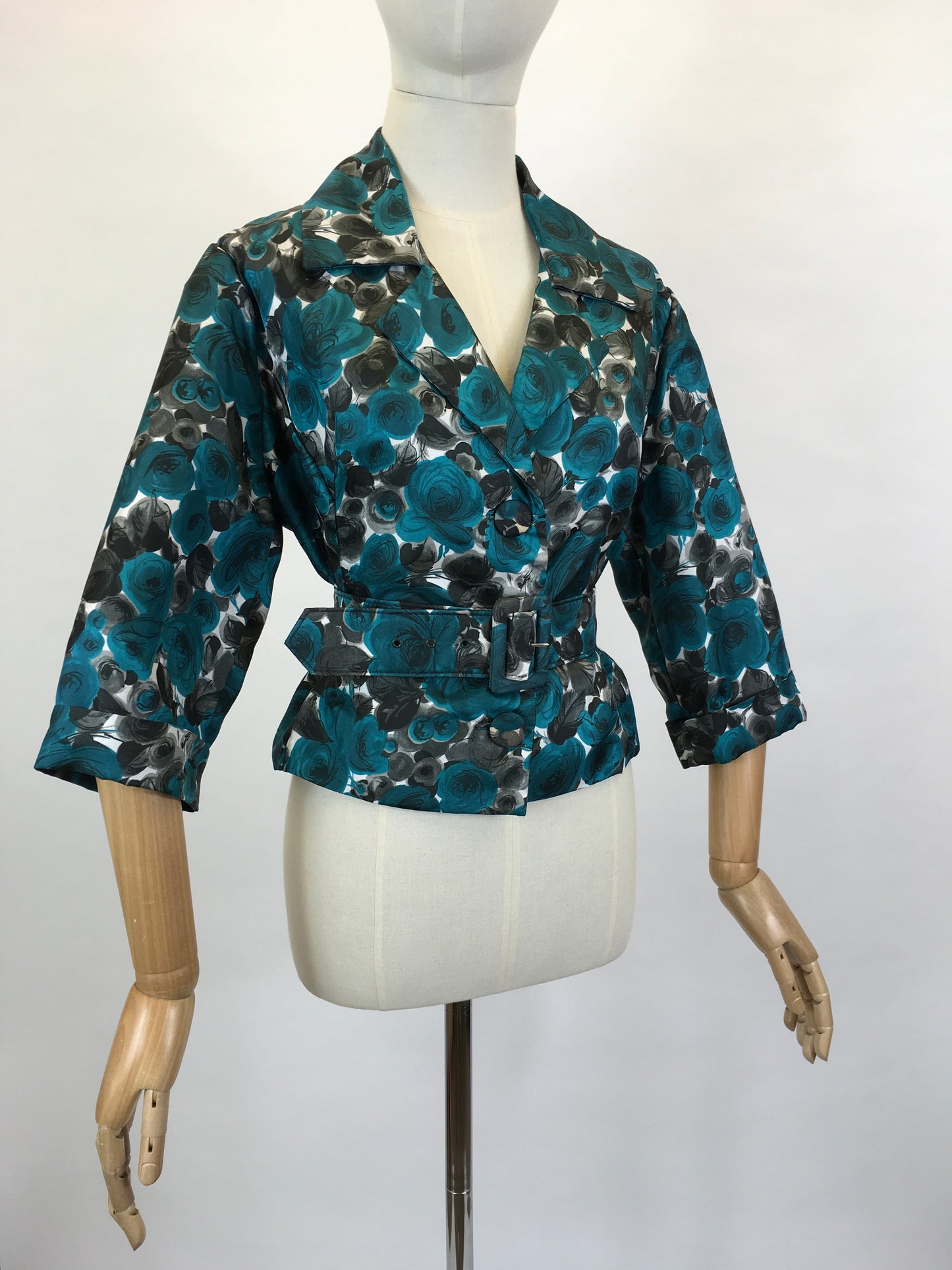 Original 1950’s Floral Jacket & Belt Set - In A Bright Turquoise, White and Charcoal