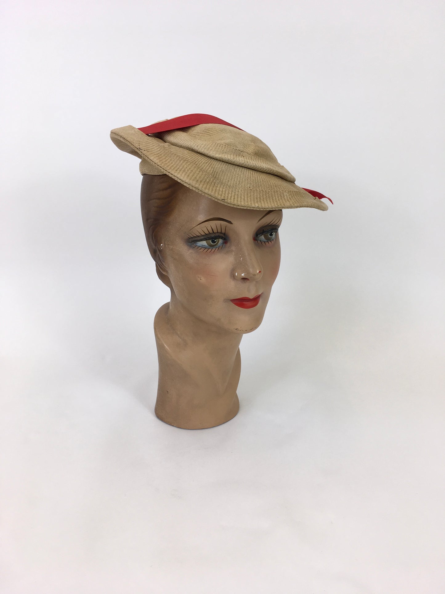 Original 1930's Stunning Natural Straw Cloth Hat - With Zesty Orange Grosgrain Trim