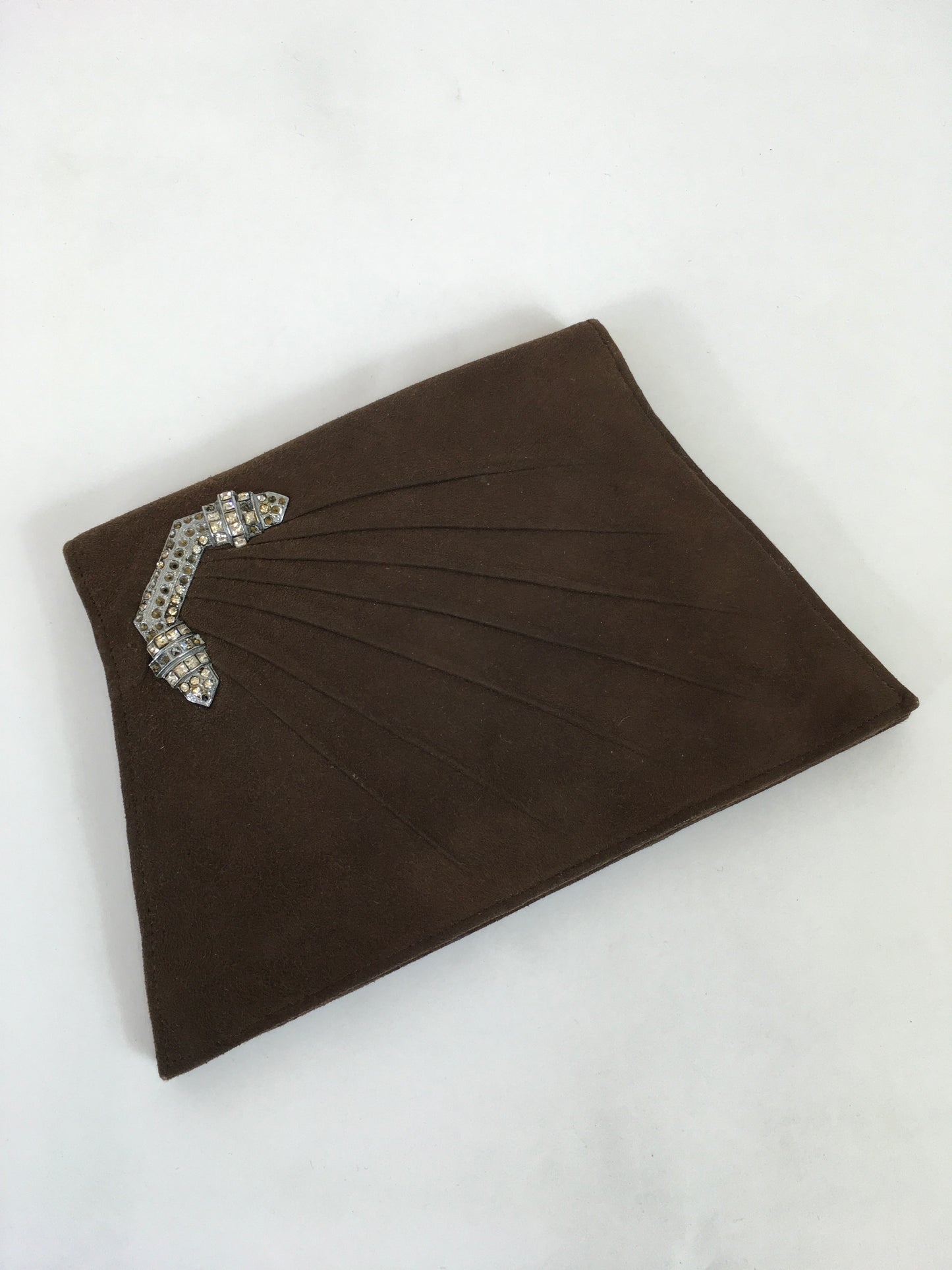 Original 1930's Exquisite Suede Evening Handbag - In Chocolate Brown Suede with Paste Embellishment