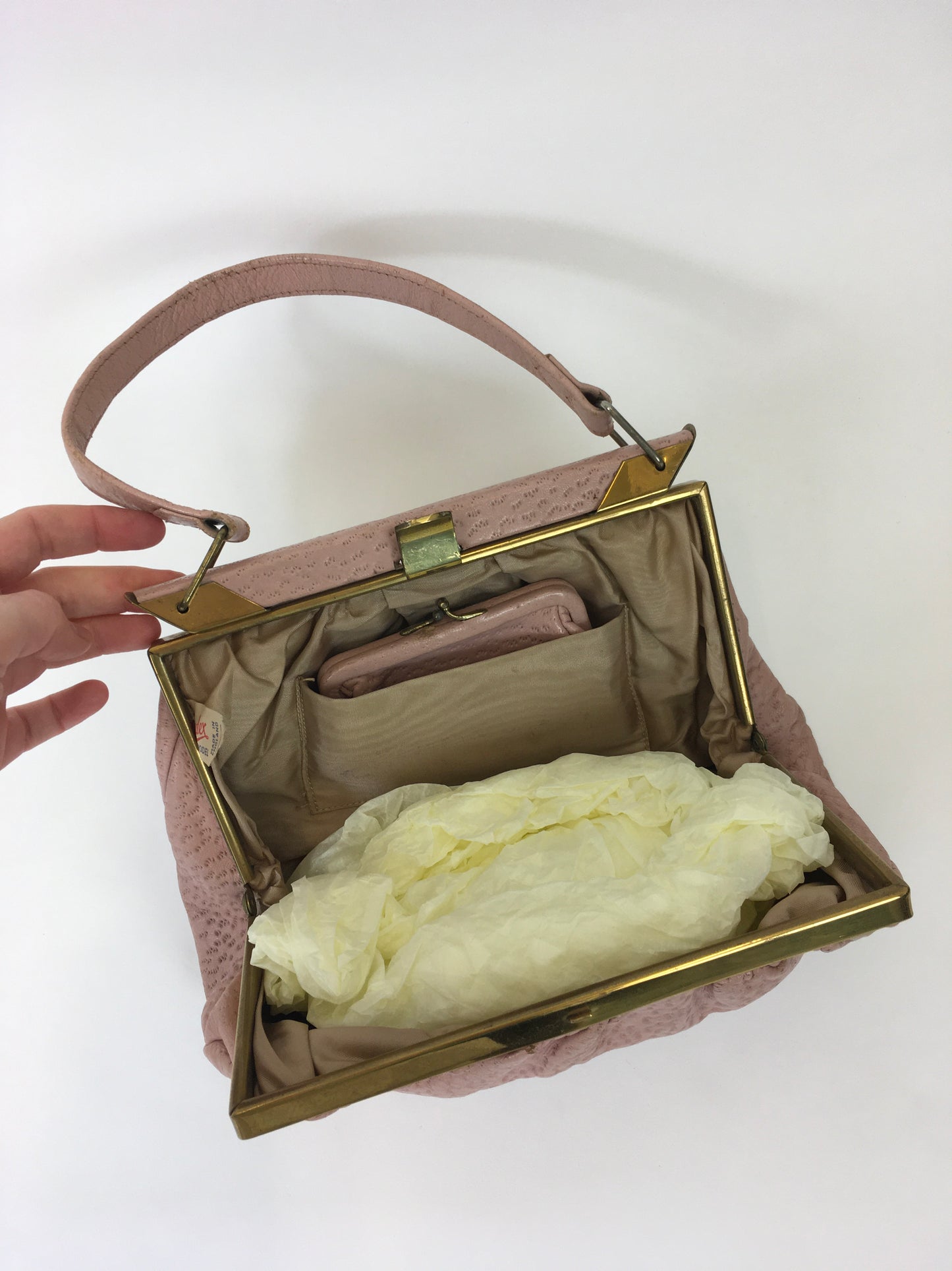 Original 1950’s Ostrich Leather Handbag and Gloves - In a Beautiful Powder Pink