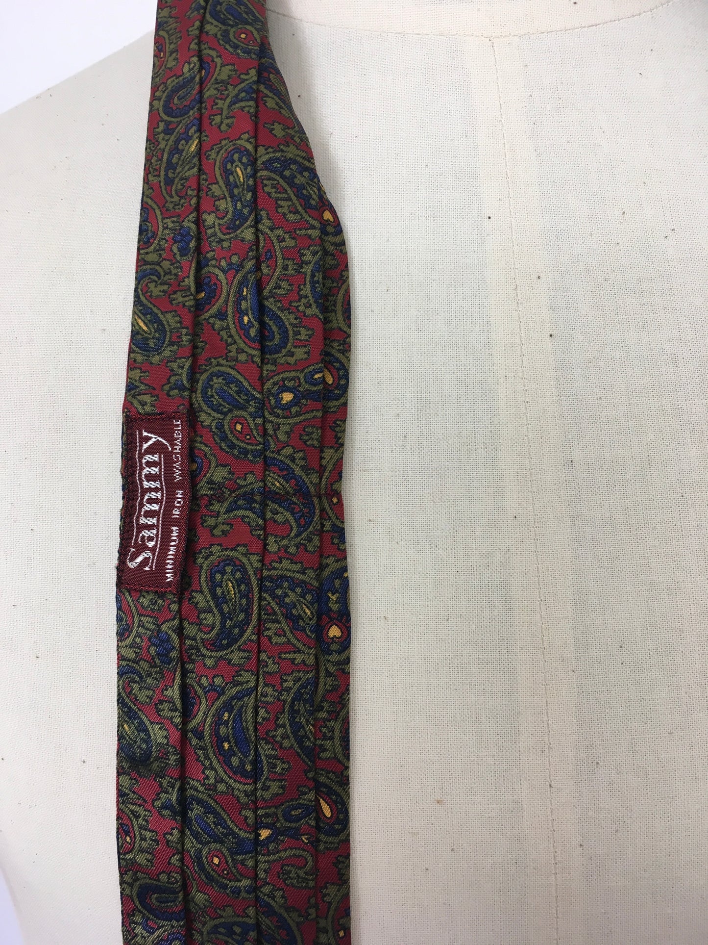 Original 1950’s Mens Silk  ‘ Sammy ‘ Label Cravat - In a Paisley Print featuring burgundy, blue, green and yellow
