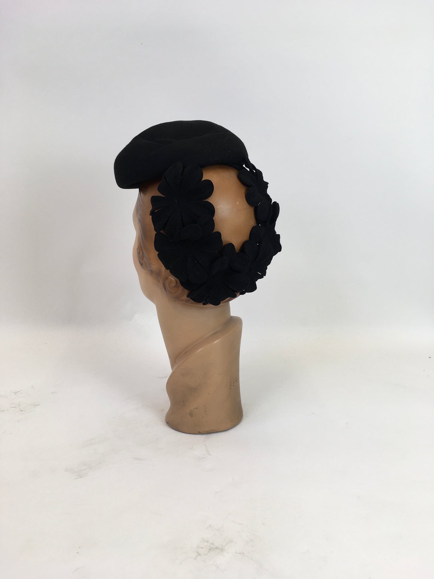 Original 1940's Darling Black Tilt Topper Hat - With Floral Adorned Back Plate