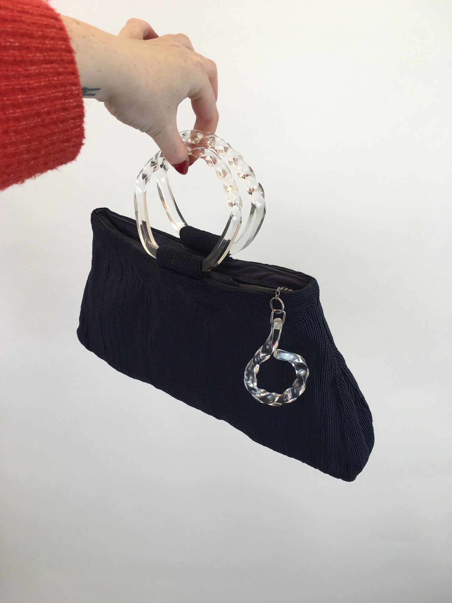 Original 1940’s STUNNING Navy ‘ Corde’ Handbag - With Twisted Lucite Double Handle and Chunky Pull