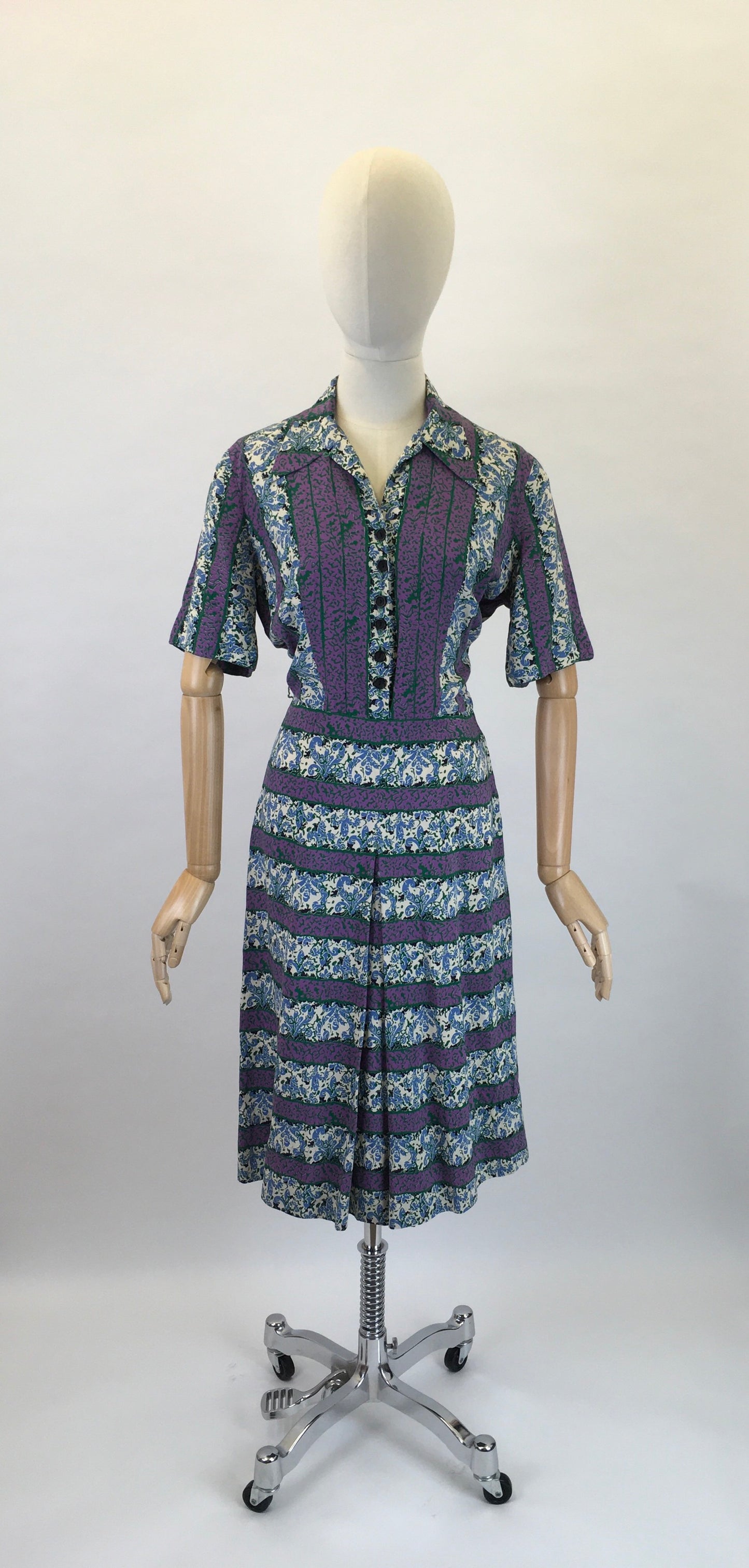 Original 1940s Rayon Dress - In Lovely Rich Purples, Greens and Whites with Florals and Stripes