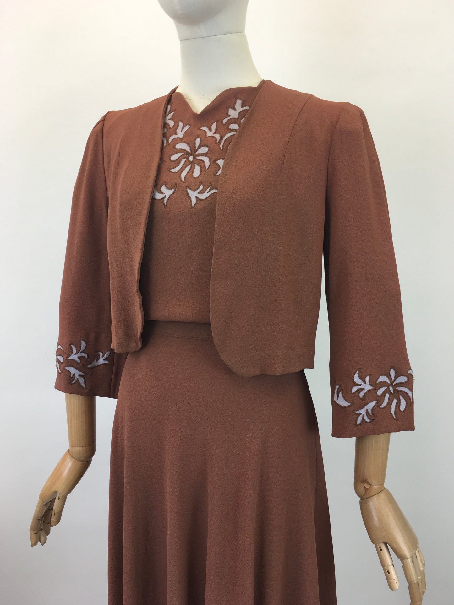 Original 1940's Darling 2Pc Dress & Bolero Set - In A Soft Brown With Grey Accents