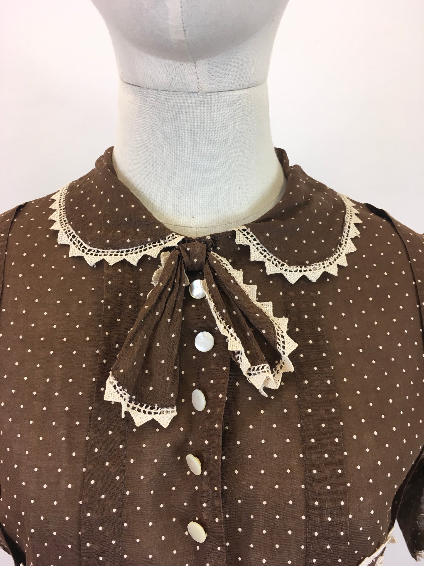 Original 1930's Darling Cotton Lawn Dress - In A Brown & White Polka Dot