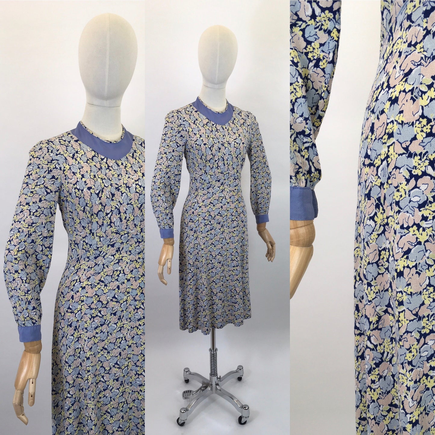 Original 1930’s Crepe Floral Day Dress - In A Pallet of Soft Pastels : Powdered Blue, Delicate Rose and Buttery Yellow