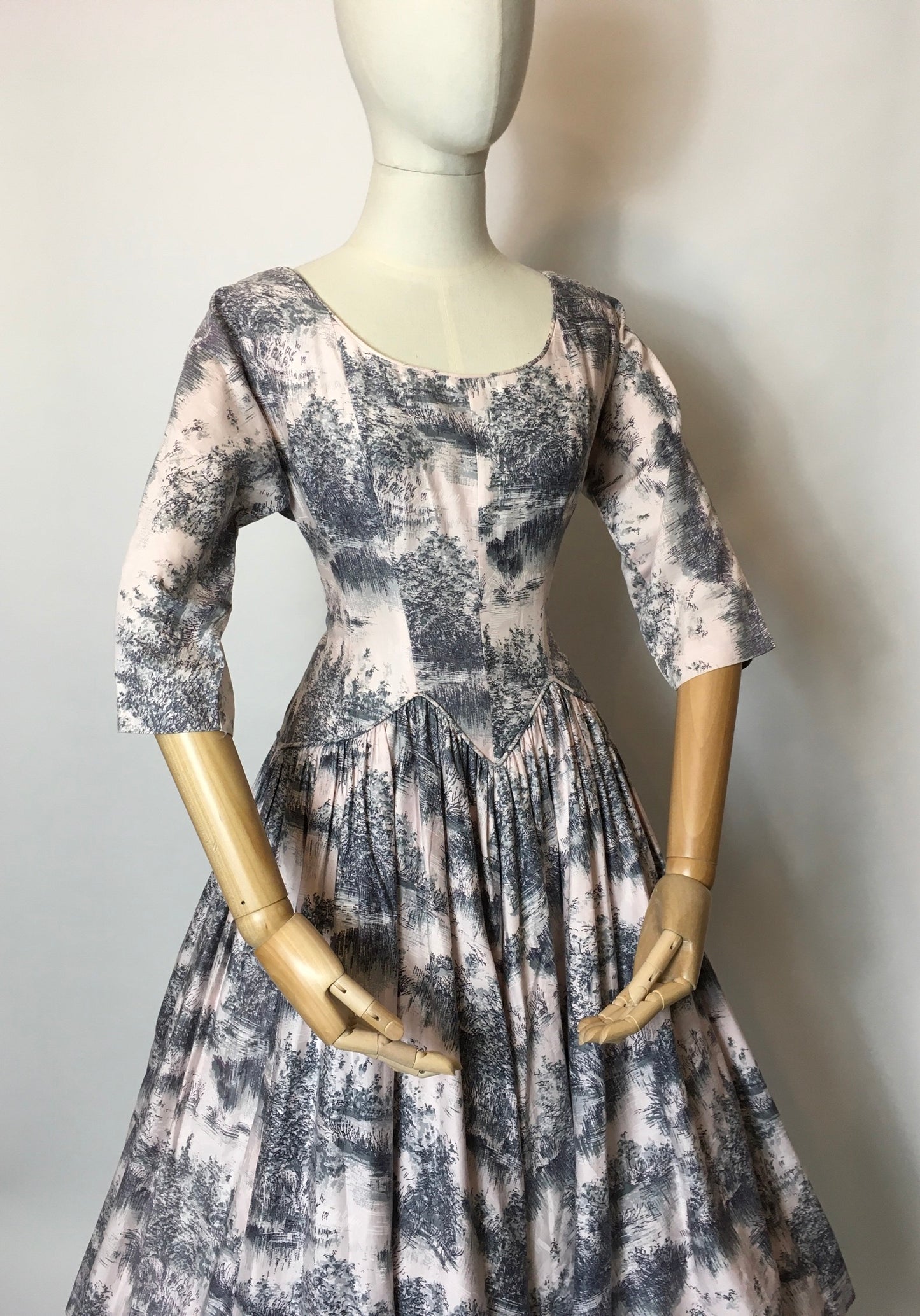 Original 1950s Darling Dress - In the Most Delicate Powder Pink with Charcoal Stencil Overlay Print