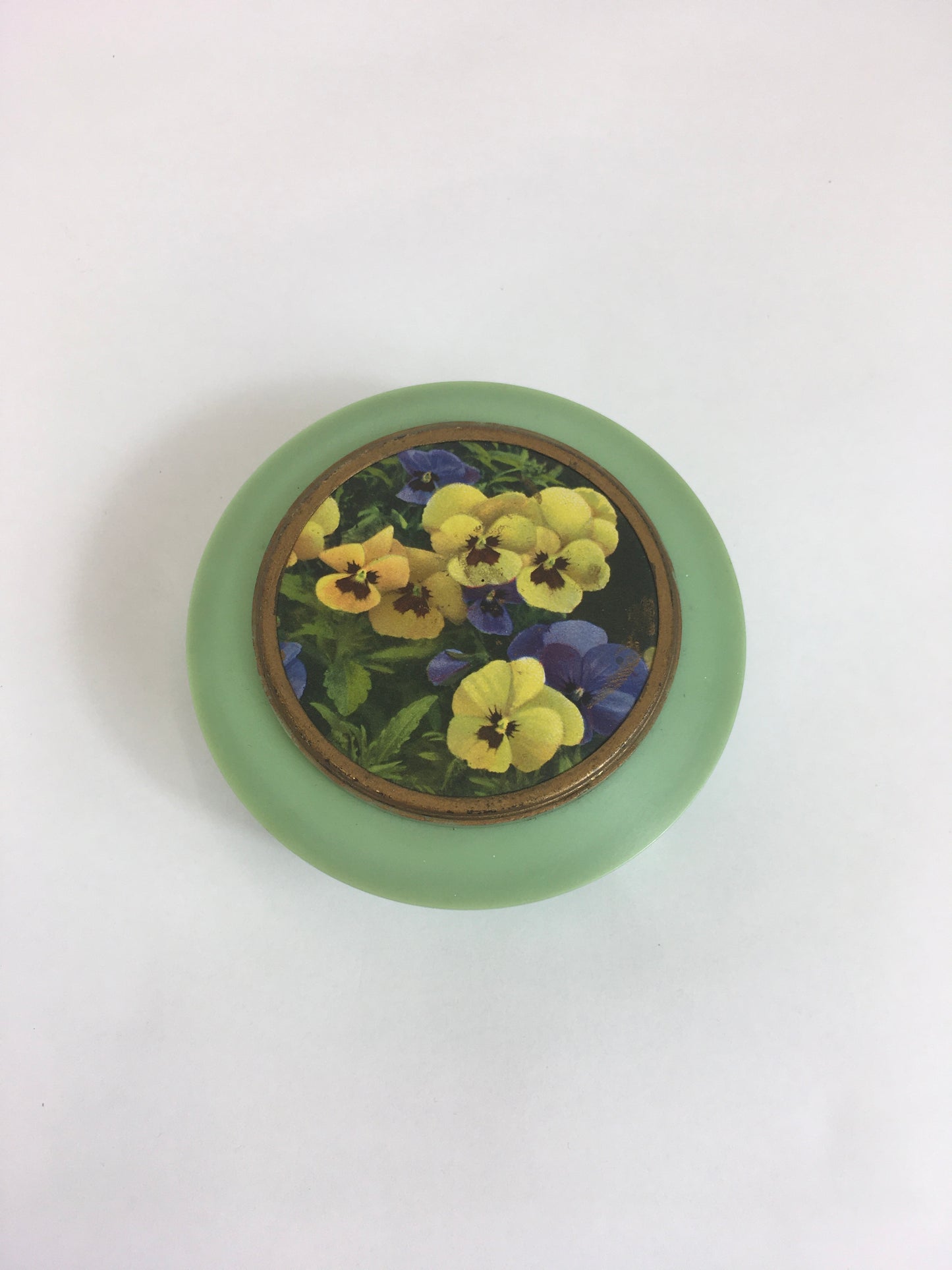 Original Late 1940’s Early 1950’s ‘ Du Barry’ Powder Pot - In Deco Mint Green with Pansy Posies Adornment