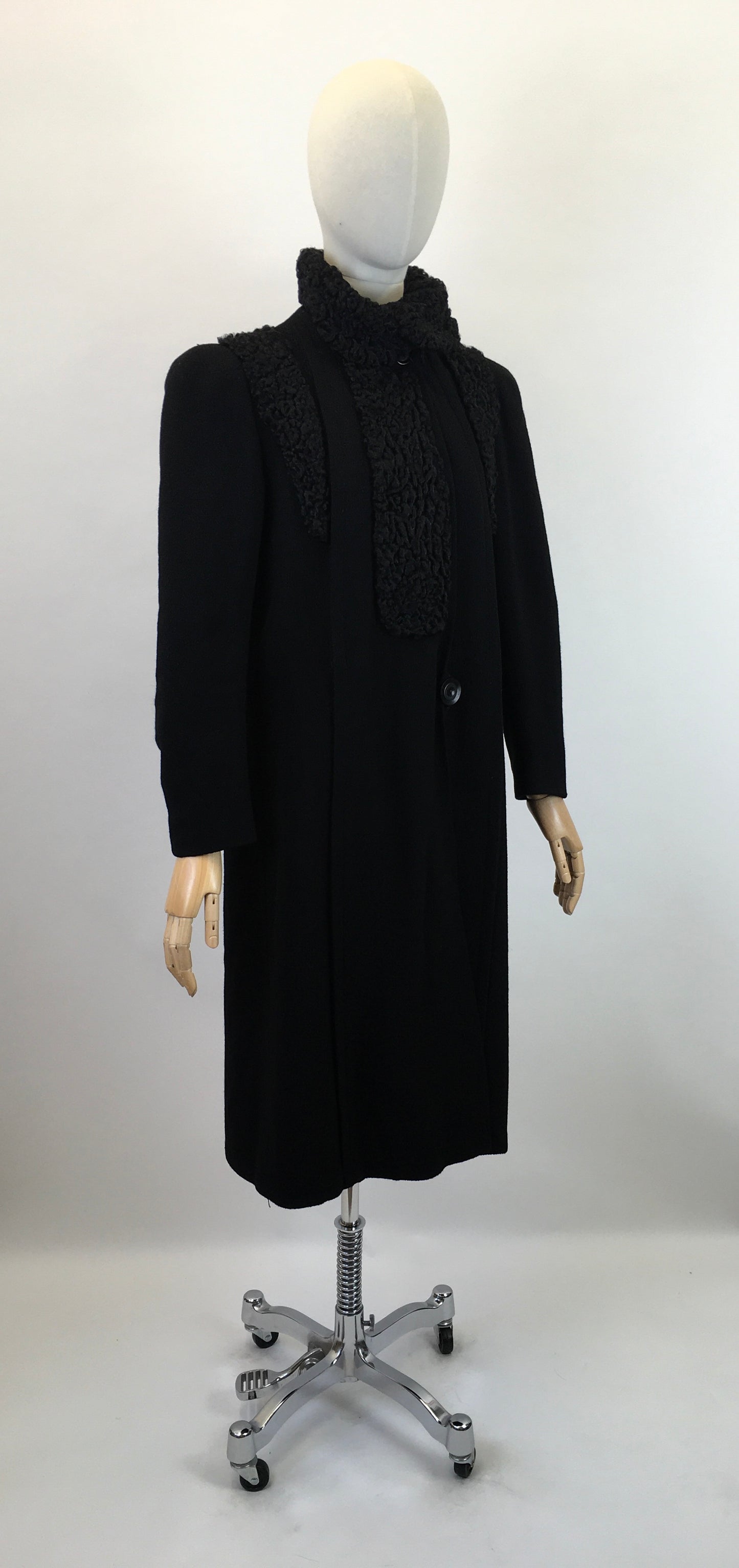 Original 1930's Sensational Black Coat - With Stunning Astrakhan Collar & Yokes