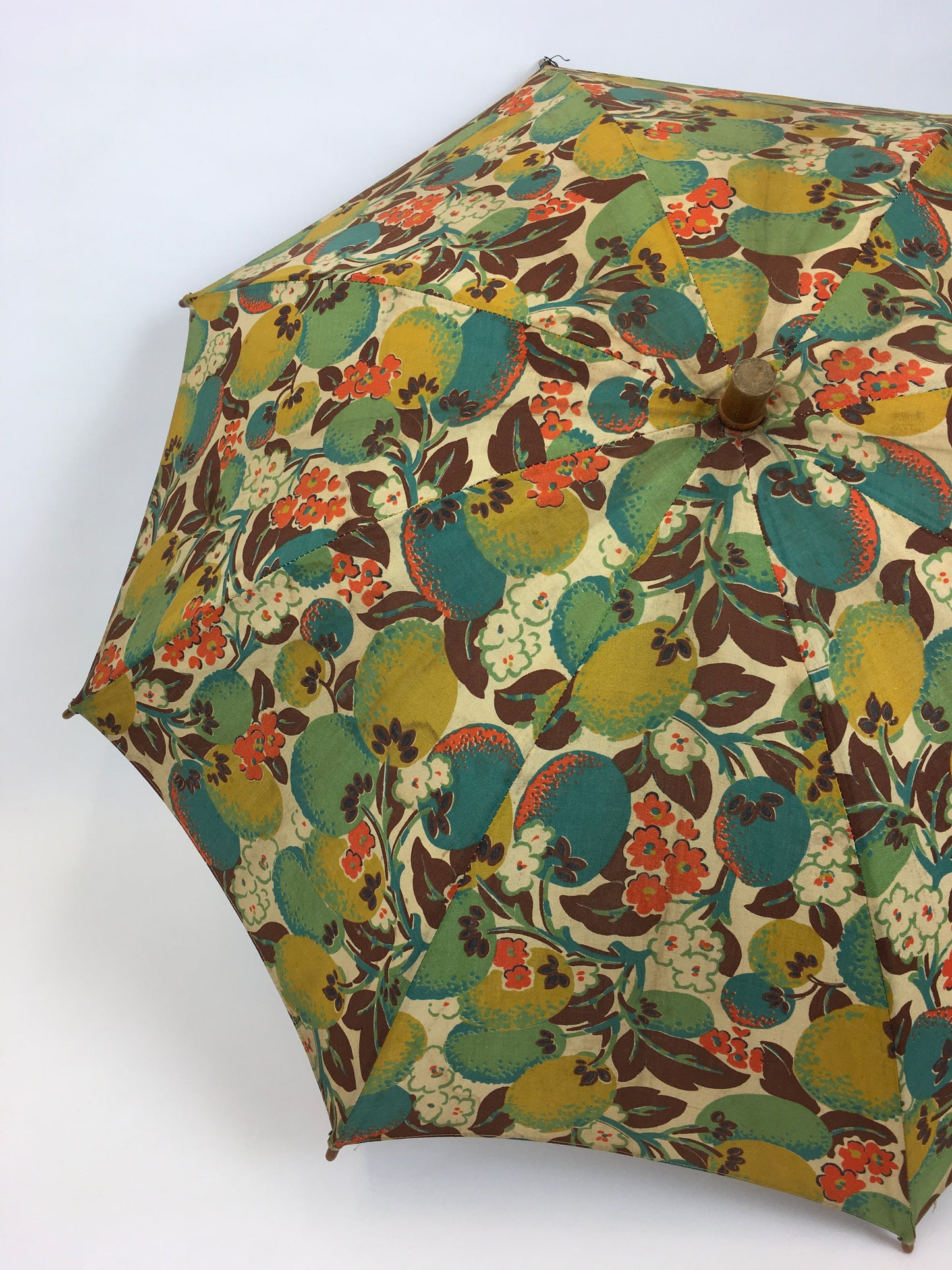 Original 1930s Sun Parasol in a Stunning Floral and Fruit Cotton - In Deco Oranges, Greens, Chartreuse and Teal