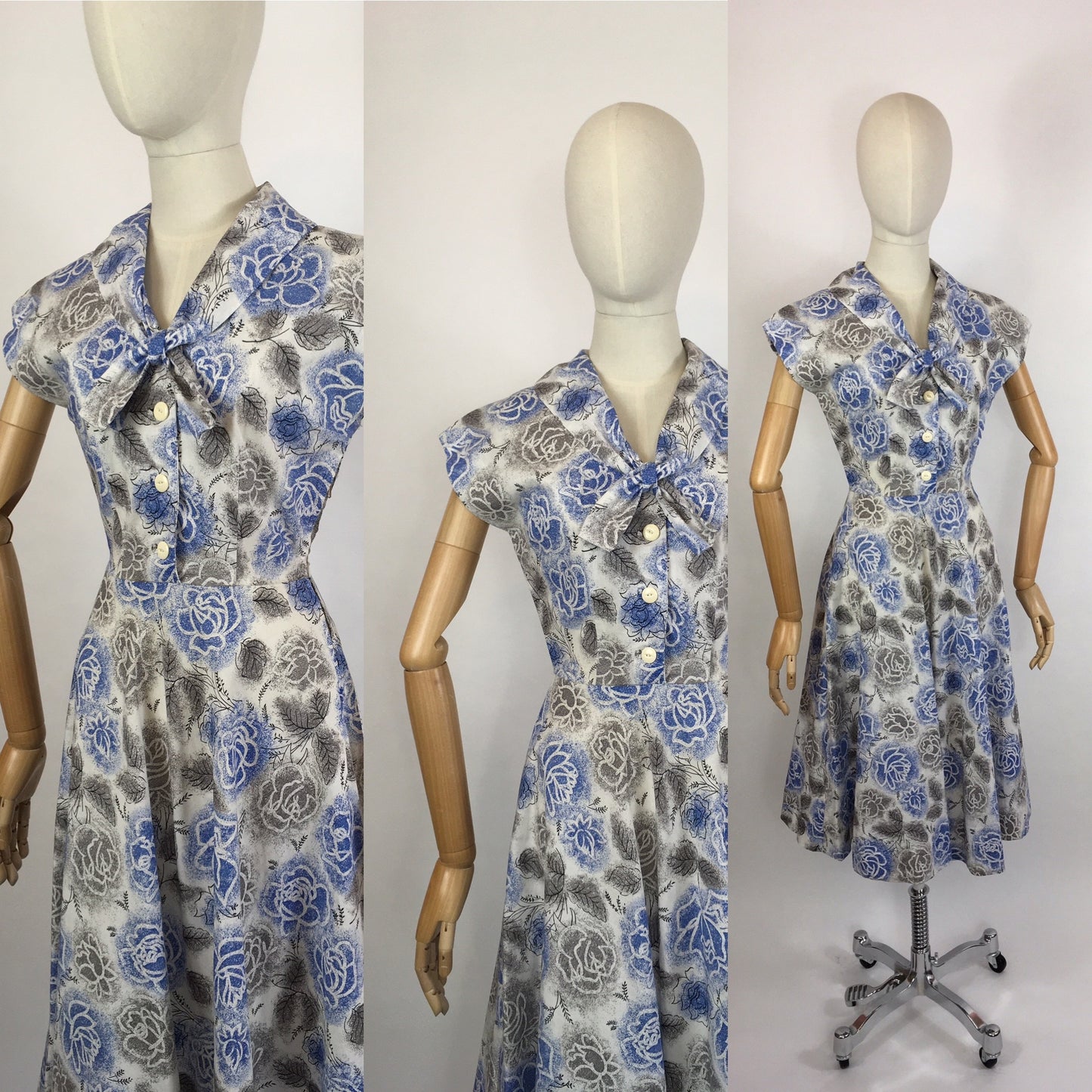 Original late 1940s Floral Dress - In A Crisp Cotton in Soft Greys, Charcoals and Blues