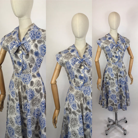 Original late 1940s Floral Dress - In A Crisp Cotton in Soft Greys, Charcoals and Blues