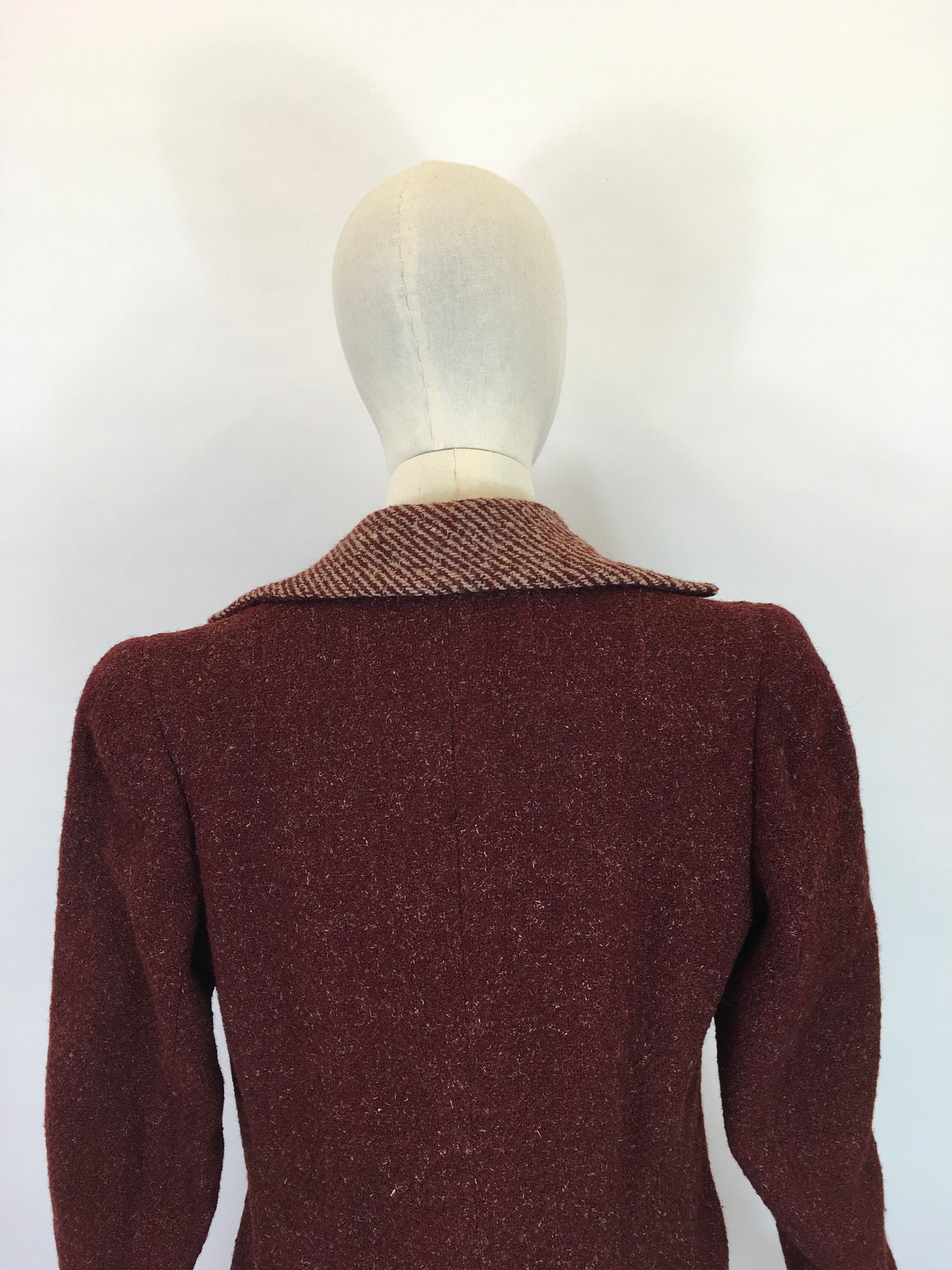 Original 1940’s STUNNING Deep Wine Woollen Coat - With An Impeccable 40’s Silhouette & Detailing