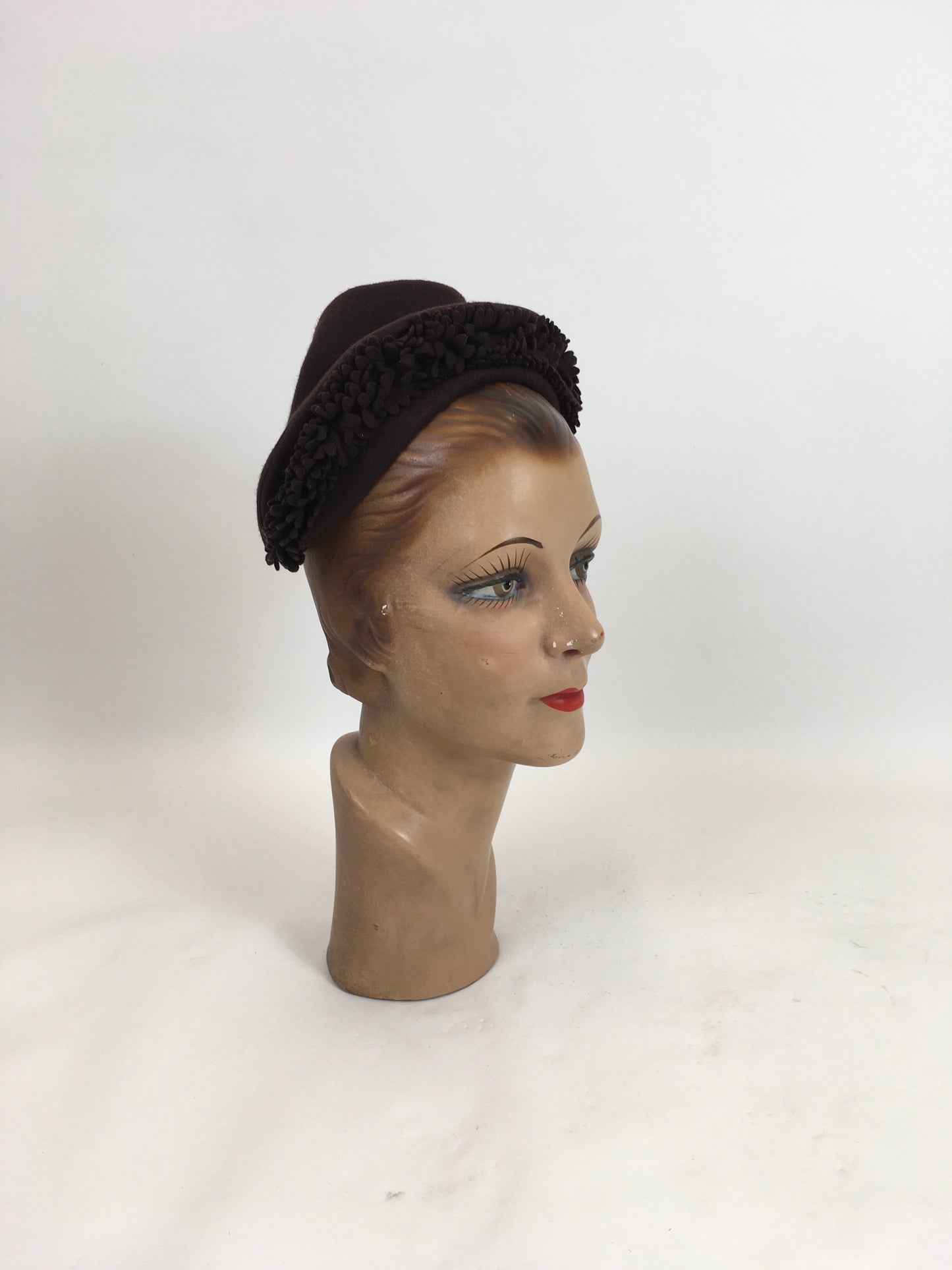 Original 1930's / 1940's Darling Pixie Halo Hat in Chocolate Brown - With Floral Adornment