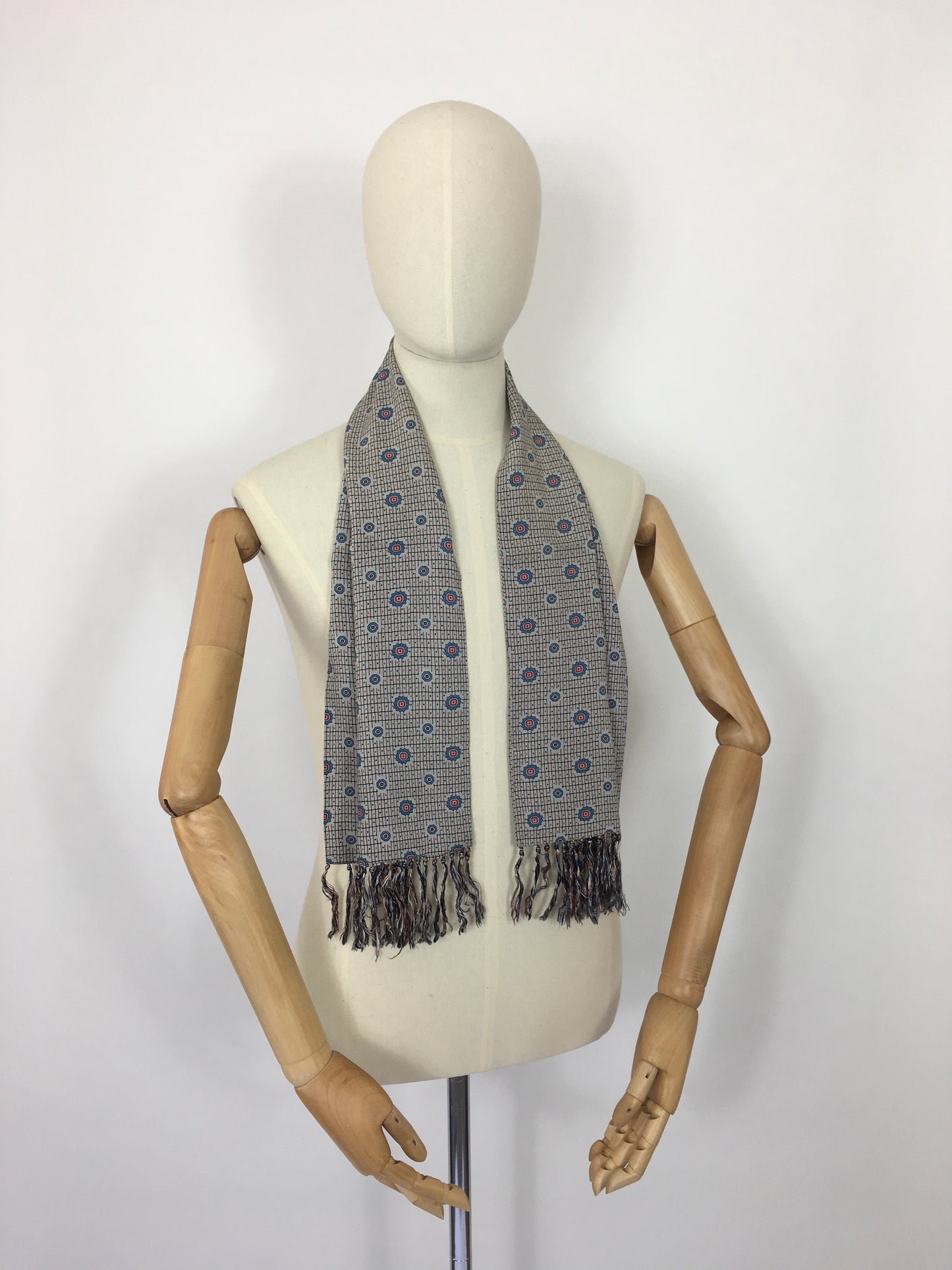 Original Late 1940’s Mens Scarf - Geometric Print in Greys, Blues and Reds